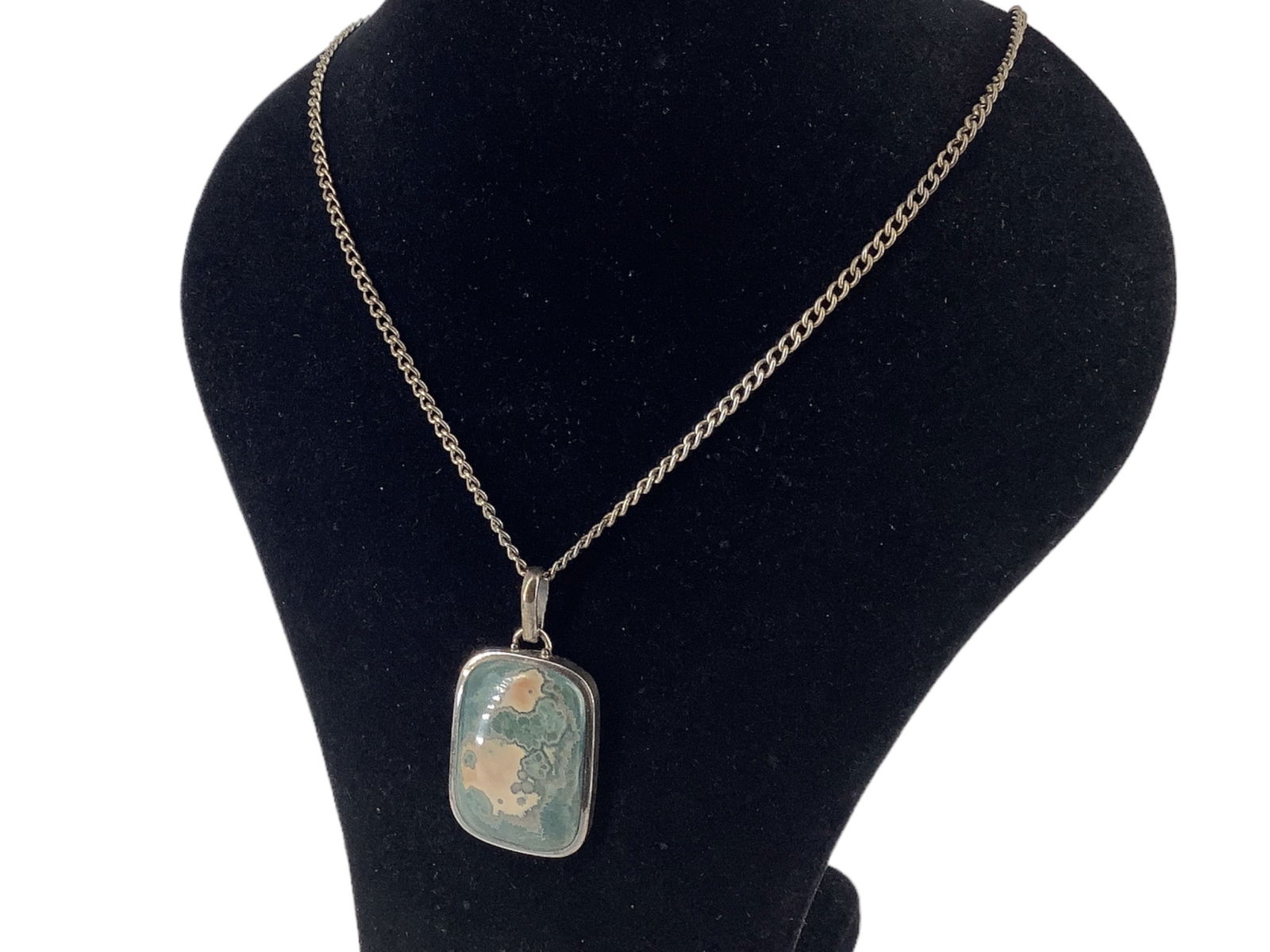 Sterling Silver Necklace with Jasper Stone Pendant: Sterling Silver Necklace with Jasper Stone Pendant Stamped and tested 925/sterling silver, 1.33 troy ounces total weight, 25" chain length, lobster hook clasp closure, 42.25mm pendant with green/off-w