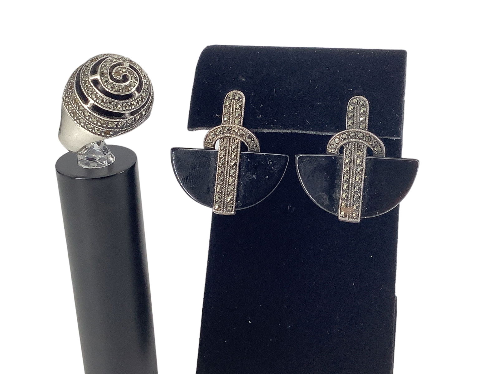 Sterling & Marcasite Fan-Shaped Earrings and Swirl Ring (1 of 10)