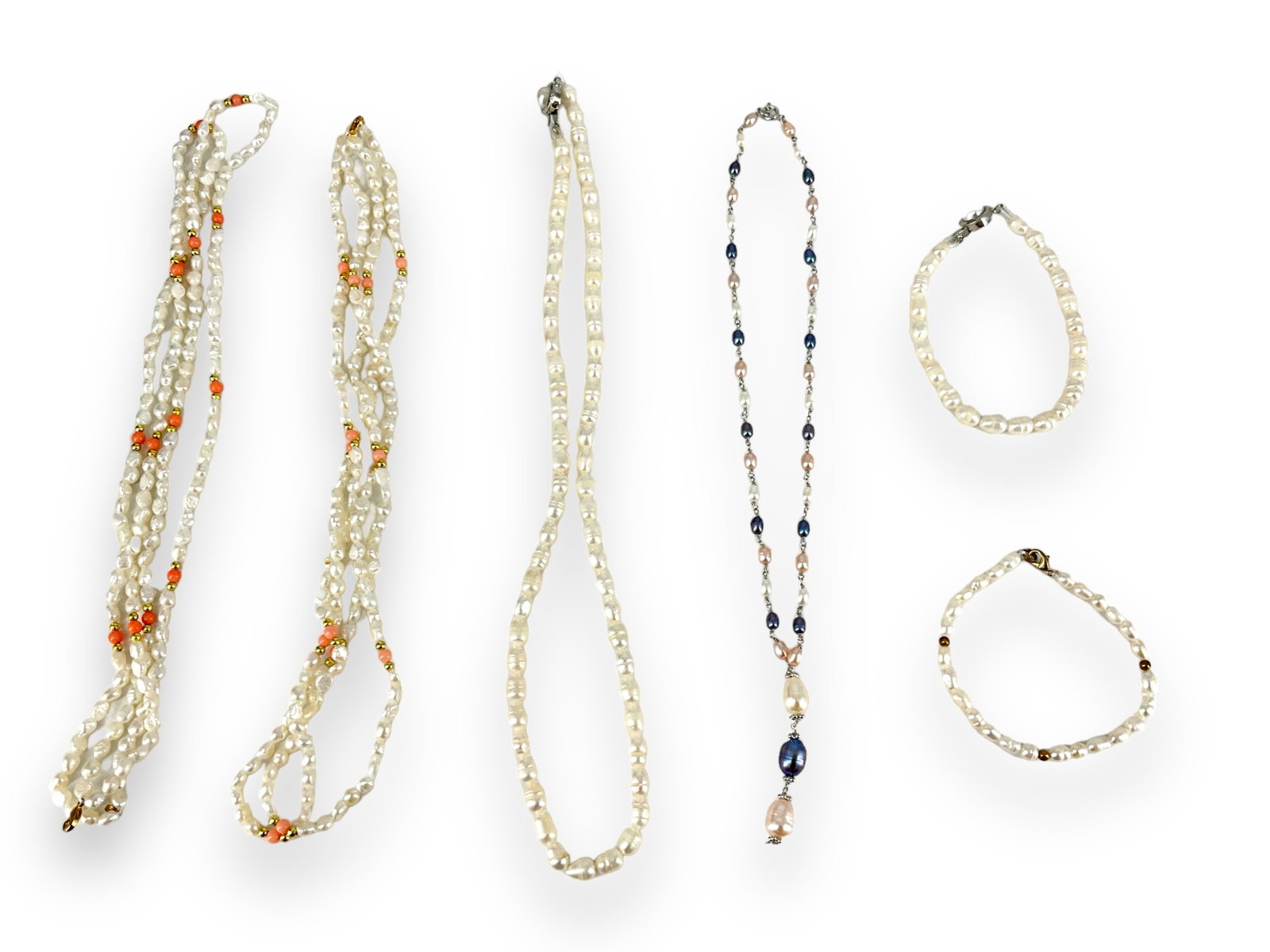Assortment of Cultured Pearl Jewelry: Assortment of Cultured Pearl Jewelry 2 20" freshwater pearl necklaces with two strand designs and coral accent beading, 16" choker length pendant with multi-colored pearls and dangle/pendant, 7.5" cul