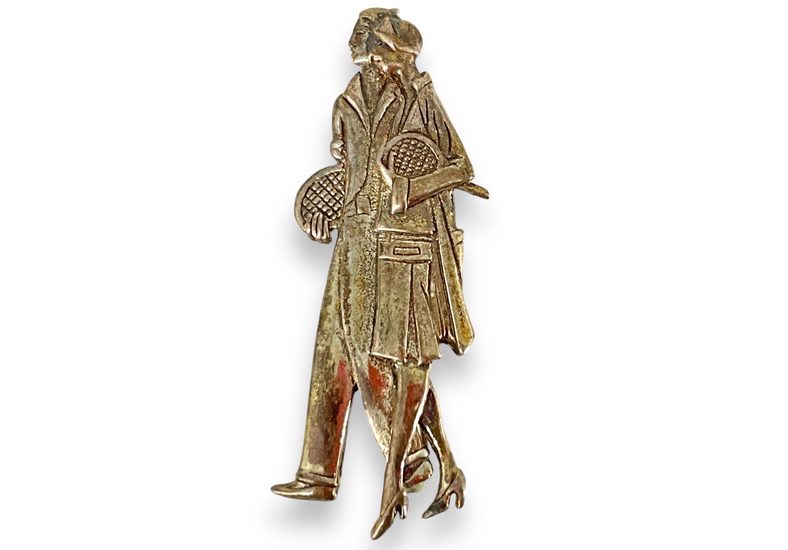Sterling Silver Pin: Sterling Silver Pin 0.255 troy ounces total weight, from the Museum of Fine Art, stamped and tested 925/sterling silver, 52.5mm in length, imagery of couple walking with tennis rackets.