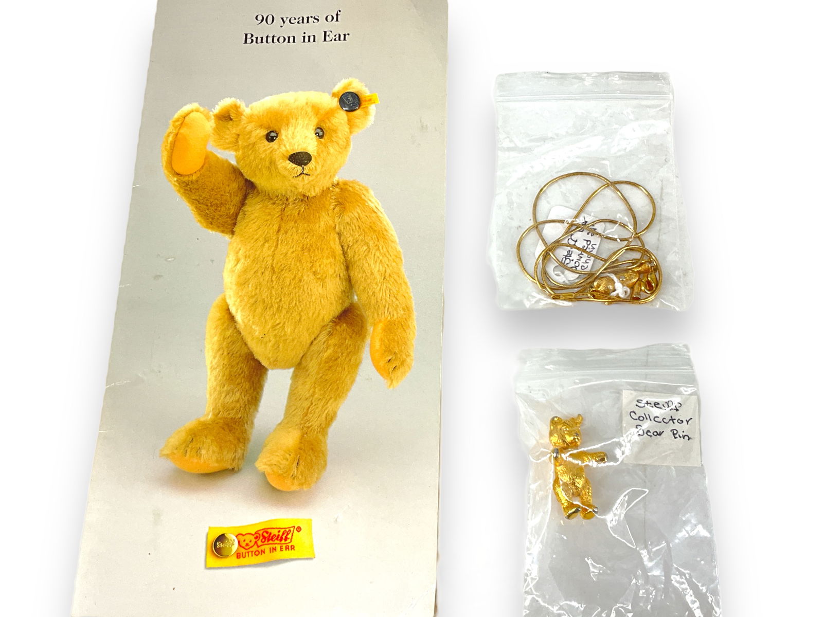ìSteiffî Collectors!!! Bear Pin, Brochure w/Button Celebrating 90 Years, Jointed Bear (1 of 7)