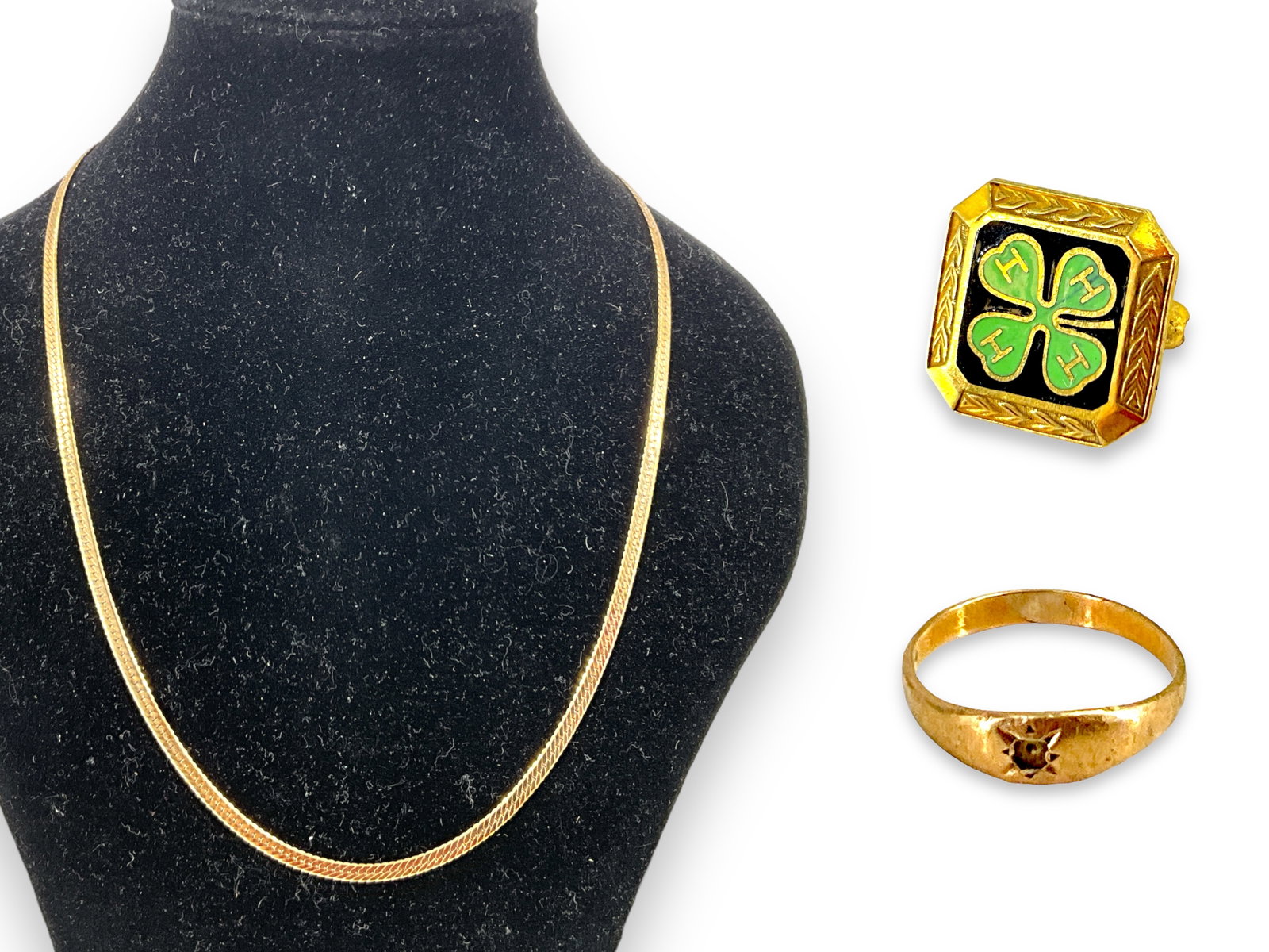 Gold Jewelry Including Baby Ring: Gold Jewelry Including Baby Ring Lot has a ì4-Hî enamel, marked and tested, gold-filled pin weighing 2.18 grams, a baby ring missing the tiny center stone (too small to register size on mand