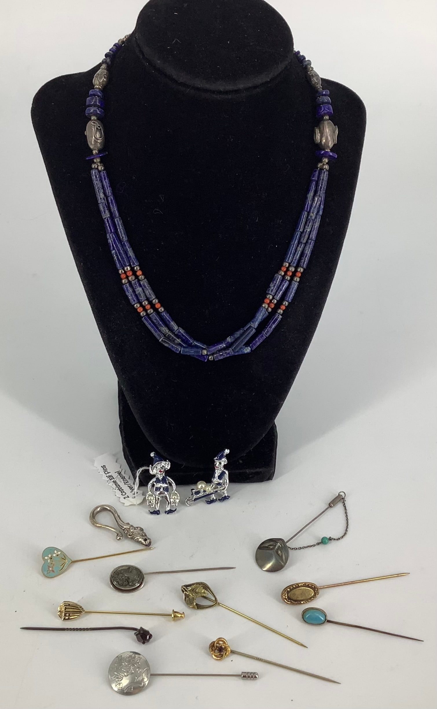 Darling Elf Pins, Silver Dragon Pendant, Stickpins and Silver Beaded Lapis Necklace: Darling Elf Pins, Silver Dragon Pendant, Stickpins and Silver Beaded Lapis Necklace Two scatter pins in silver-tone metal w/faux pearls depicting elves at work, a 1 1/2î drop pendant with a drago