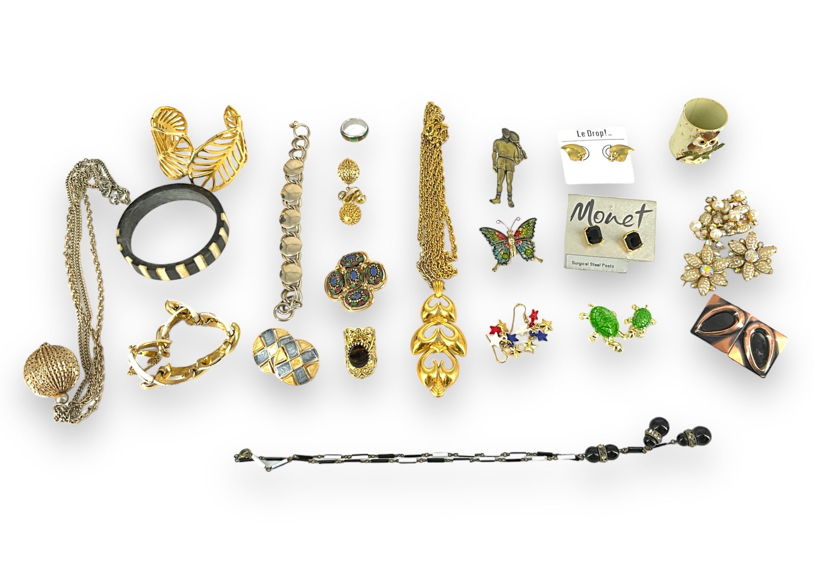 Gold-Tone Fashion Jewelry Items, Some Signed: Gold-Tone Fashion Jewelry Items, Some Signed Lot has ìMonetî earrings on original card, a vintage set of ìBeau Jewelsî earrings and brooch in crystals and faux pearls, a ìMone