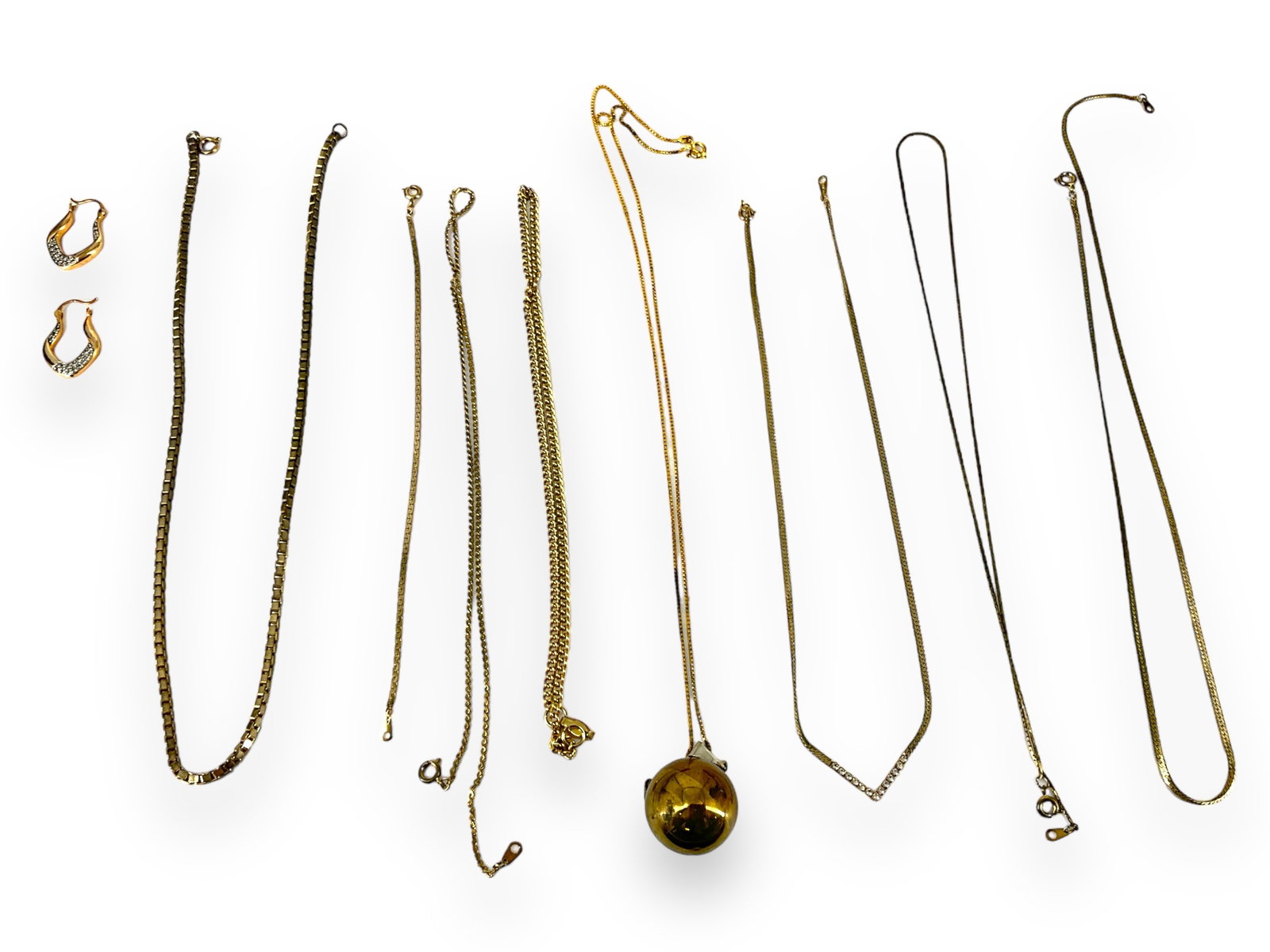 Six Gold-Tone Chains, Fashion Earrings and an Angel on Ball Pendant: Six Gold-Tone Chains, Fashion Earrings and an Angel on Ball Pendant Fashion neck chains in different styles and lengths, fashion hoop earrings with diamantÈ stones and a tested 24î long silv