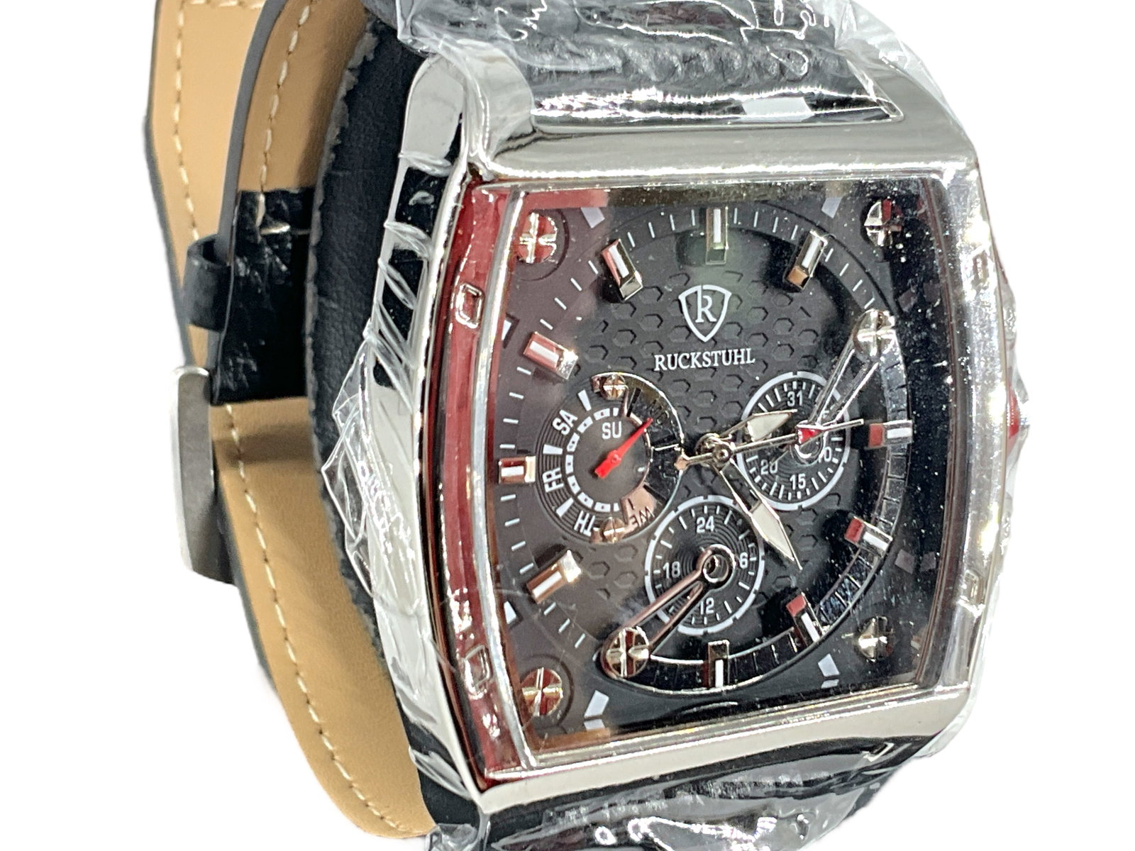 Modern Chronograph Wrist Watch from Ruckstuhl: Modern Chronograph Wrist Watch from Ruckstuhl New-old-stock, sleek modern design with unique case shape, in original box with packaging, quartz movement, working at time of listing, stainless steel ca
