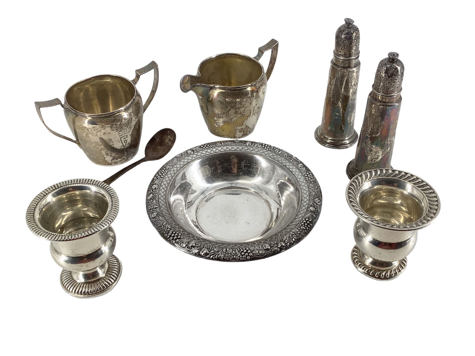 Sterling Silver Housewares - 15.31 Troy Ounces Tw.: Sterling Silver Housewares - 15.31 Troy Ounces Tw. Small perforated bowl (6"), two matched egg cups, a cream and sugar set with engraved block monogram/initials, and a pair of tall (5") sterling silve