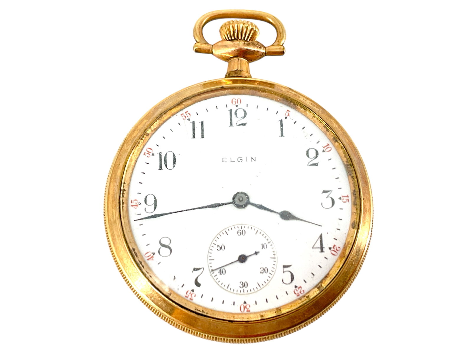 Elgin Pocket Watch: Elgin Pocket Watch Does not wind or run at time of listing. Gold-filled case. White dial with black numeric indicators and sub-dial at 6 o' clock position. 51mm case (engine-turned). 7-jewels, pendant