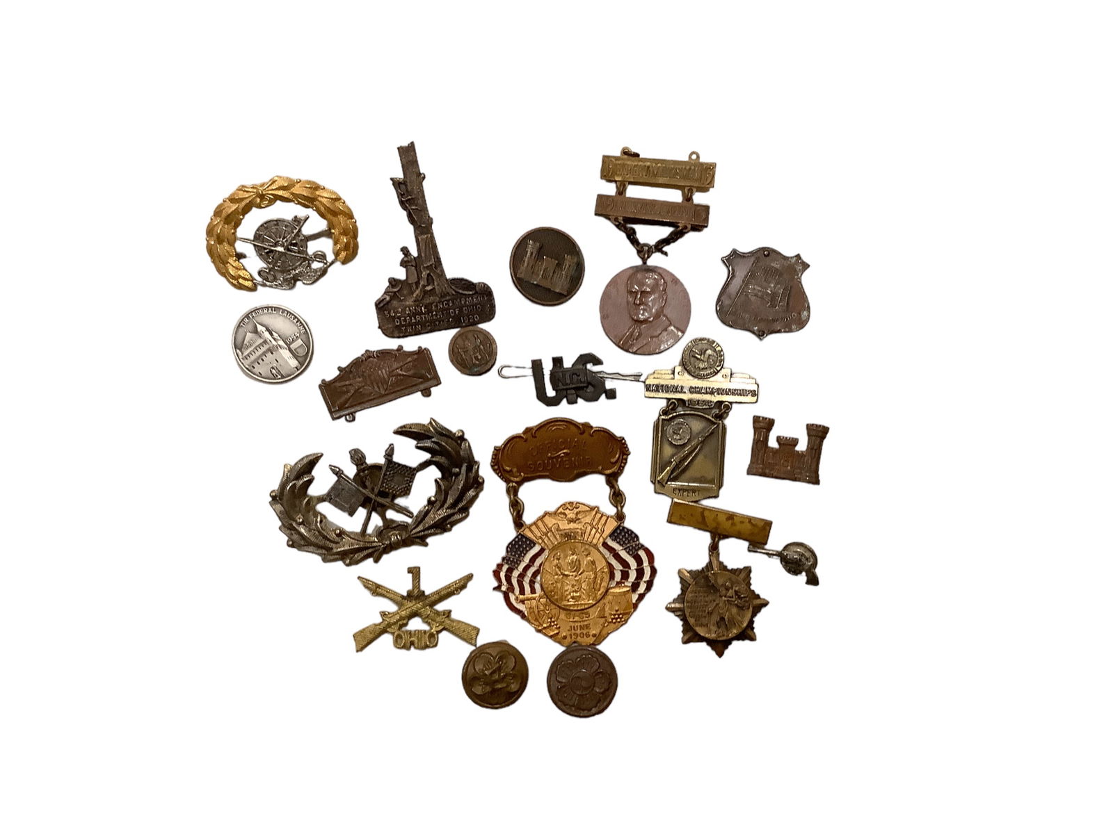 Group of Military Pins, Gun Pins, Coin Bracelet and a Thimble: Group of Military Pins, Gun Pins, Coin Bracelet and a Thimble See photos to see whatís in the lot.