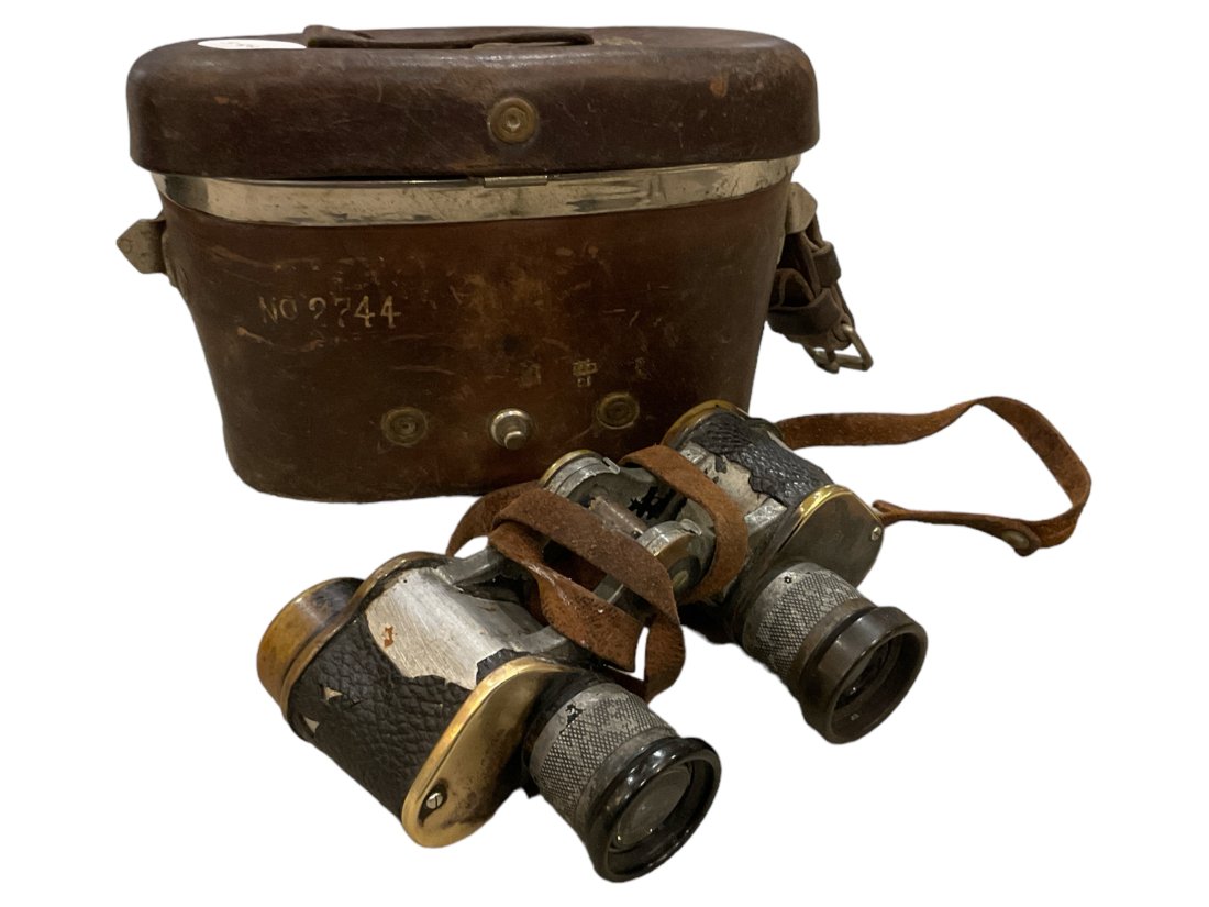 WWII Japanese Enomoto Kogaku Binoculars: Comes with leather case.