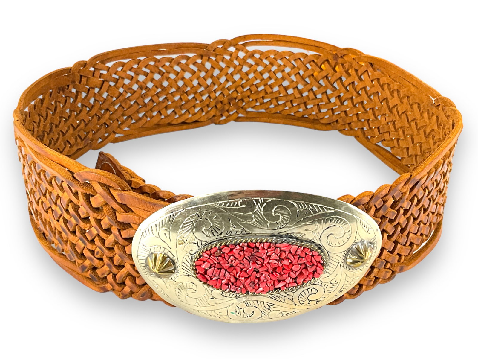 Braided Brown Leather Belt - Southwestern Style: Braided Brown Leather Belt - Southwestern Style Modern age, from Chico's, 42" in length, 3" in width, engraved buckle with crushed red stone/coral inlay (traditional design elements). Made in Morocco.