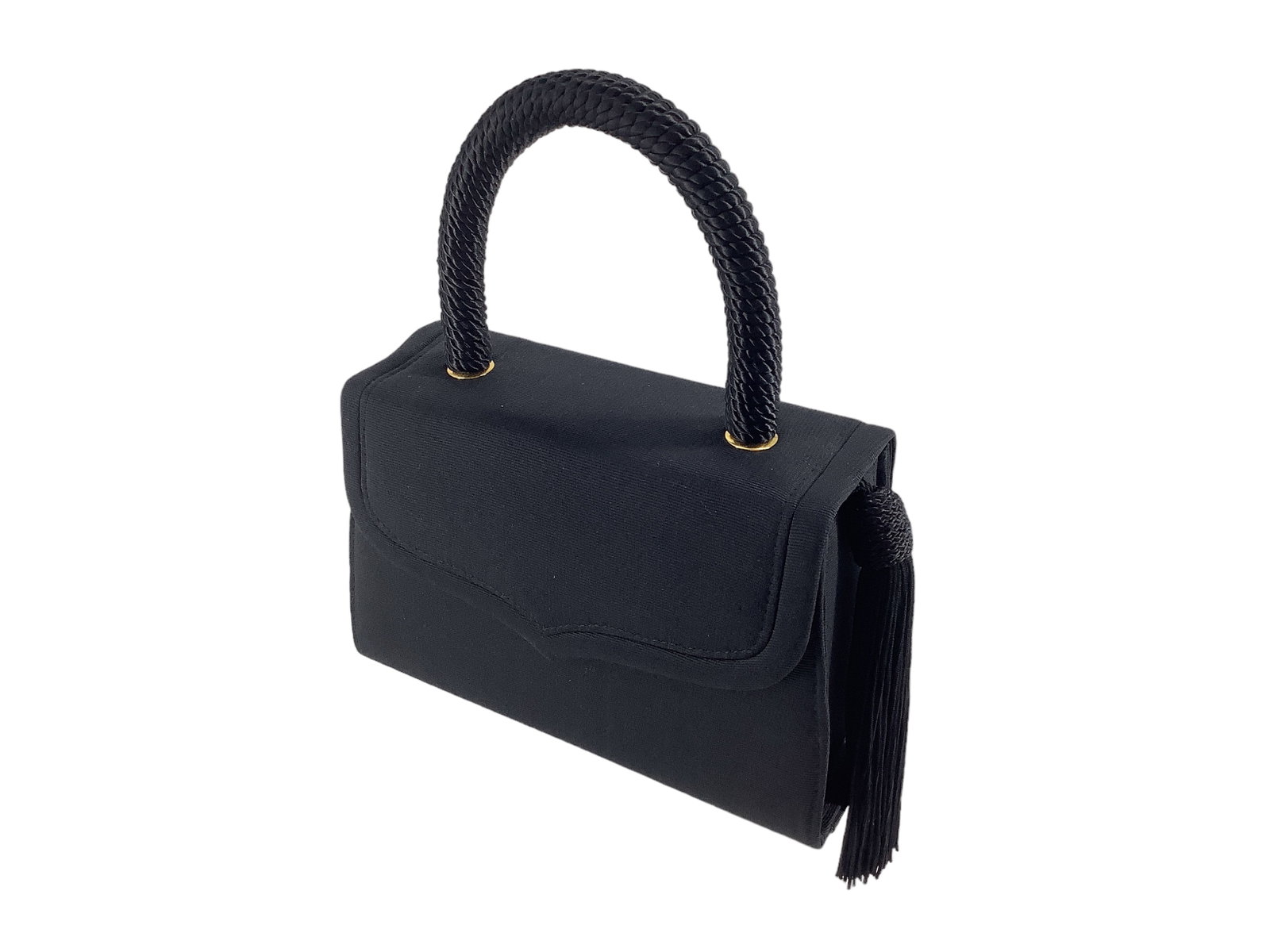 Soft Black Evening Bag: Soft Black Evening Bag Sleek and sexy bag measuring approx. (8.25î x 3.25î x 5.25î) with a single handle drop of (3.75î) rope twisted handle accented with a tassel on one side of t