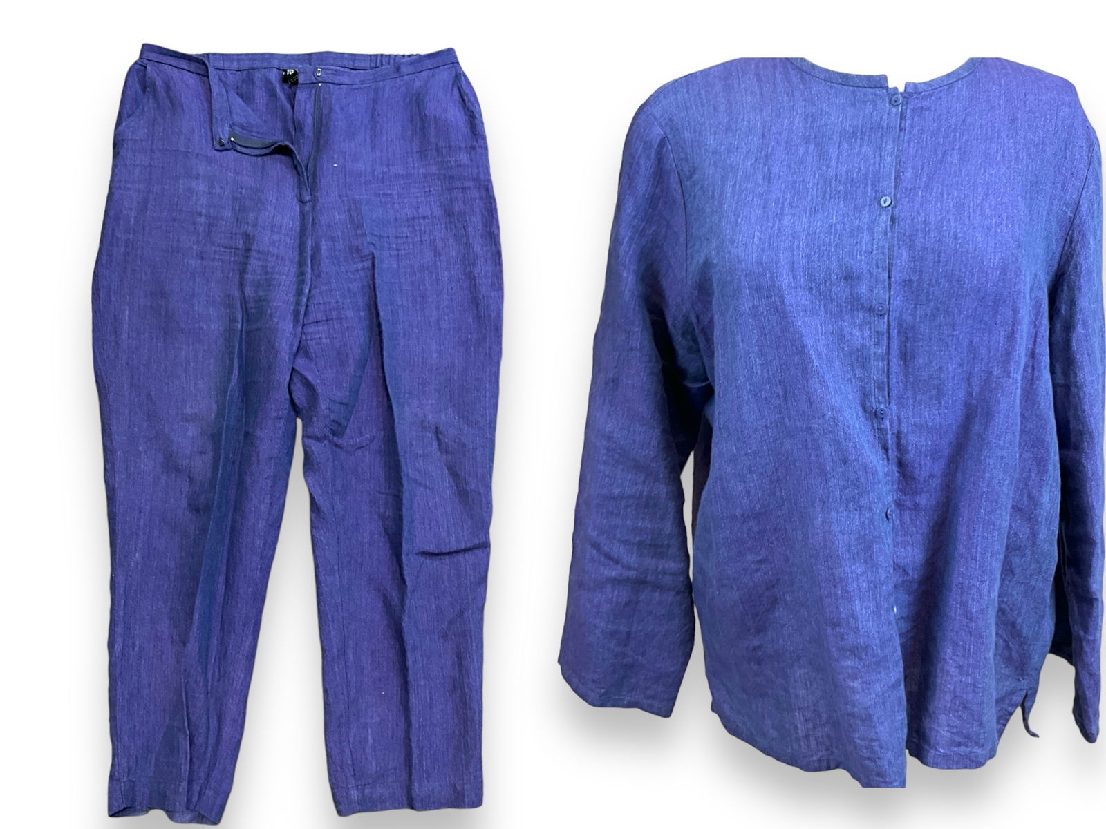 Ink Blue ìEileen Fisherî Petite Pantsuit: Ink Blue ìEileen Fisherî Petite Pantsuit Easy to wear pants and shirt are made by ìEileen Fisherî and size is tagged as ìPL.î Set is made of 100% Irish Linen, and can be