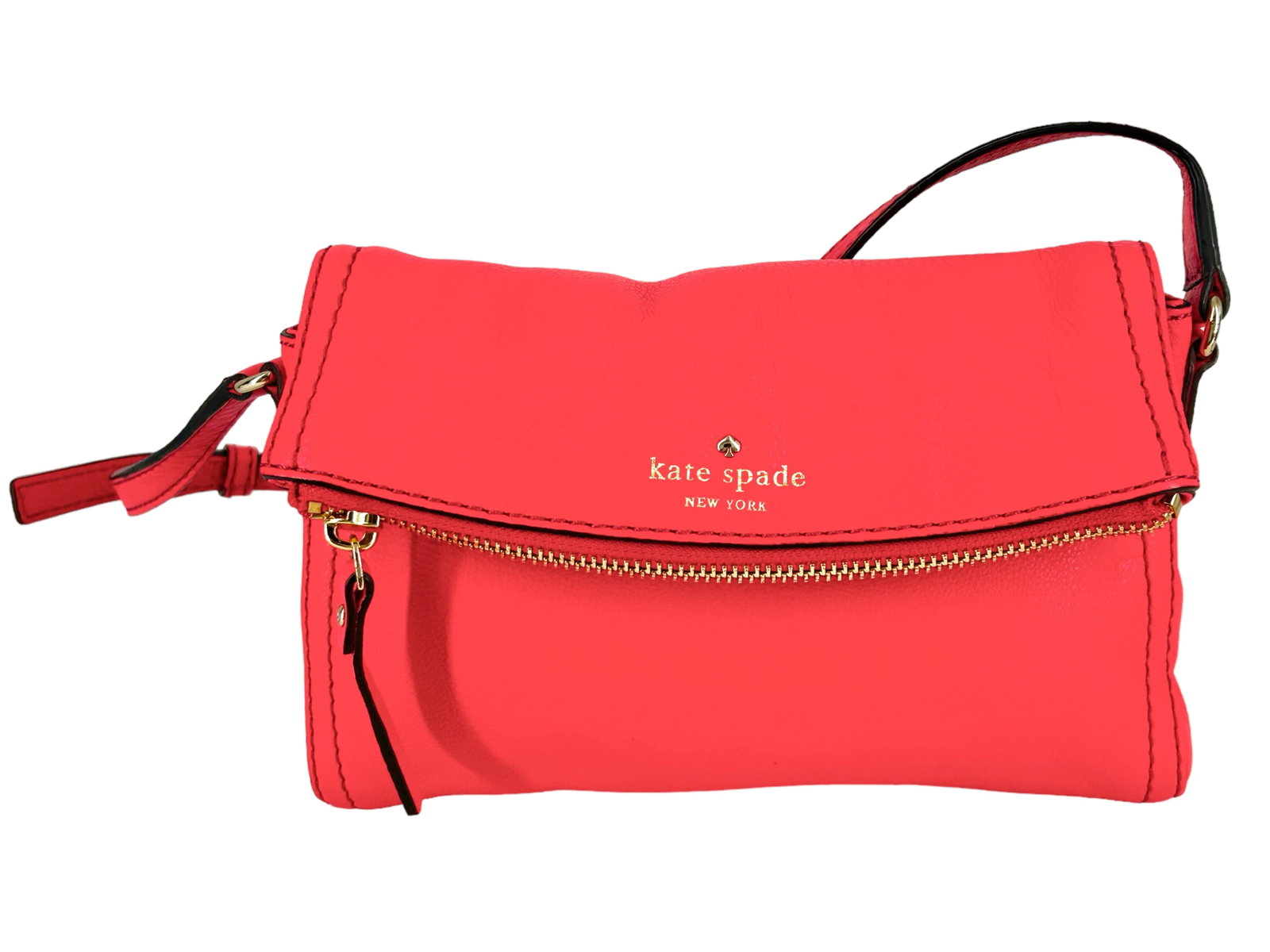 Vibrant & Fun Kate Spade Crossbody Bag: Vibrant & Fun Kate Spade Crossbody Bag Soft peppered leather in coral (8.5î x 1.25í x 6î) crossbody bag with an adjustable strap, gold tone hardware and gold filled logo on the front, u