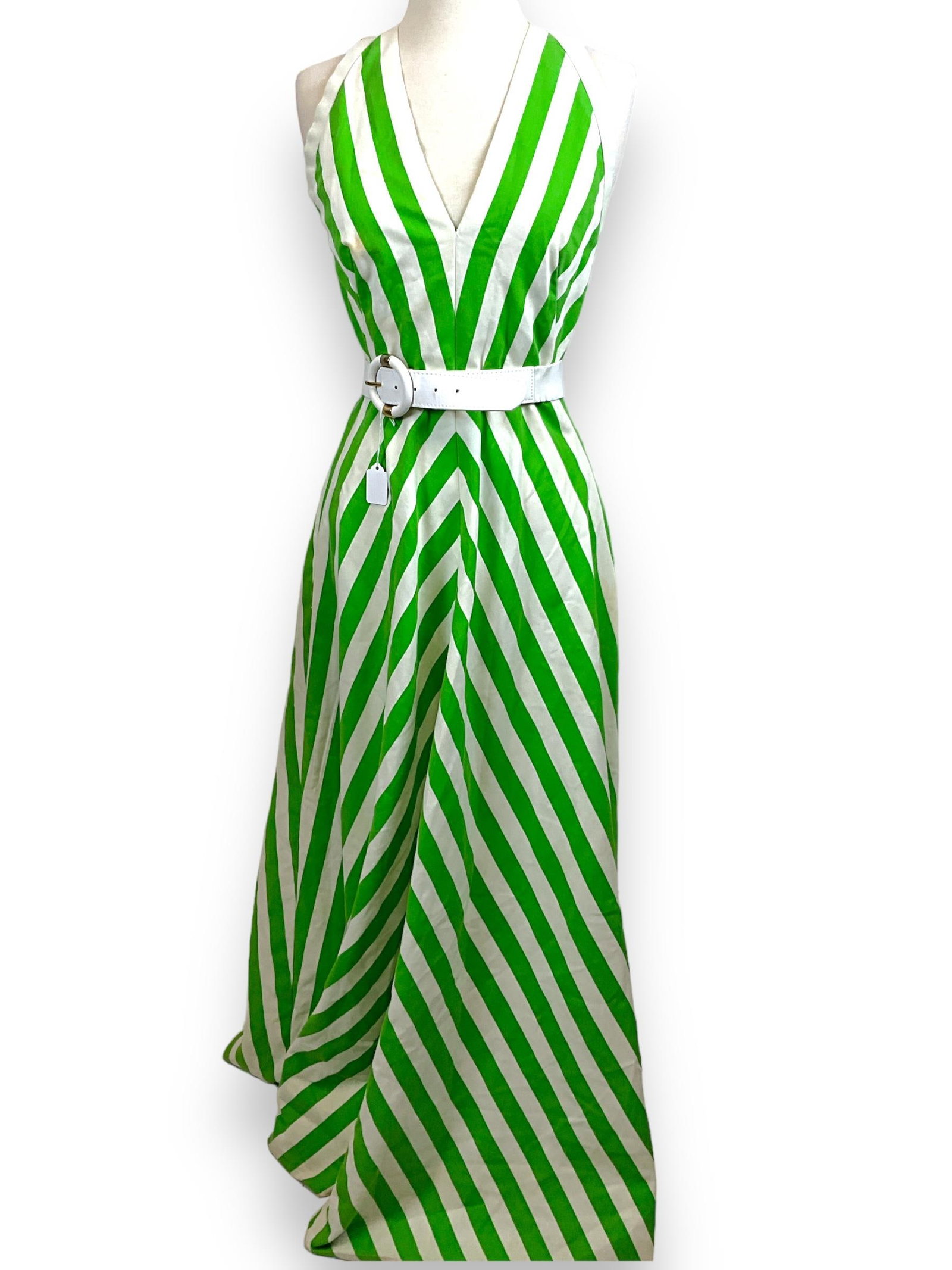 Vintage Dress from Chuck Howard: Vintage Dress from Chuck Howard Size 9, used condition with some damages near top on interior, white with green stripes (top in chevron pattern), dry clean only, with white belt attached.