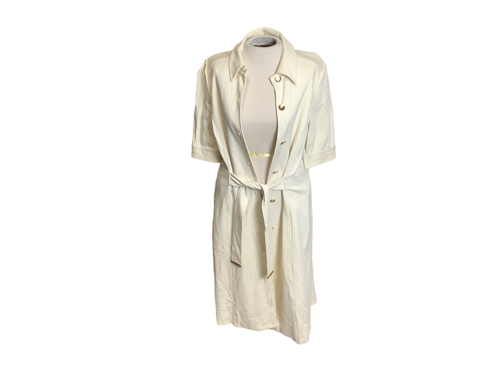 Classy Dress From Ellen Tracey: Classy Dress From Ellen Tracey Size (L/Xl) - likely, cream short sleeve dress with polished gold tone buttons, attached waist tie on the front, gently used, double lined, great for colder weather.