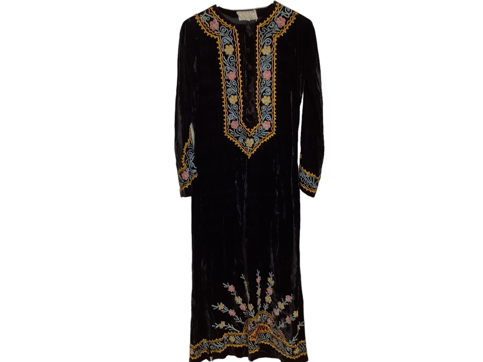 Hem Kurta Style Top: Hem Kurta Style Top Size (M) made in India, crushed velvet like material accented with vibrant embroidery, vintage age, gently used condition.
