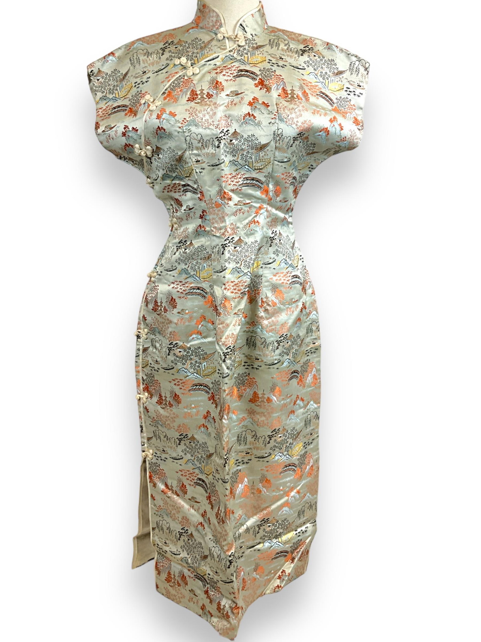 Vintage Asian Style Dress: Vintage Asian Style Dress Likely size S, unknown maker, snap closure with woven toggle accent closures, featuring a vibrant woven design with a village scene, simply adorable.