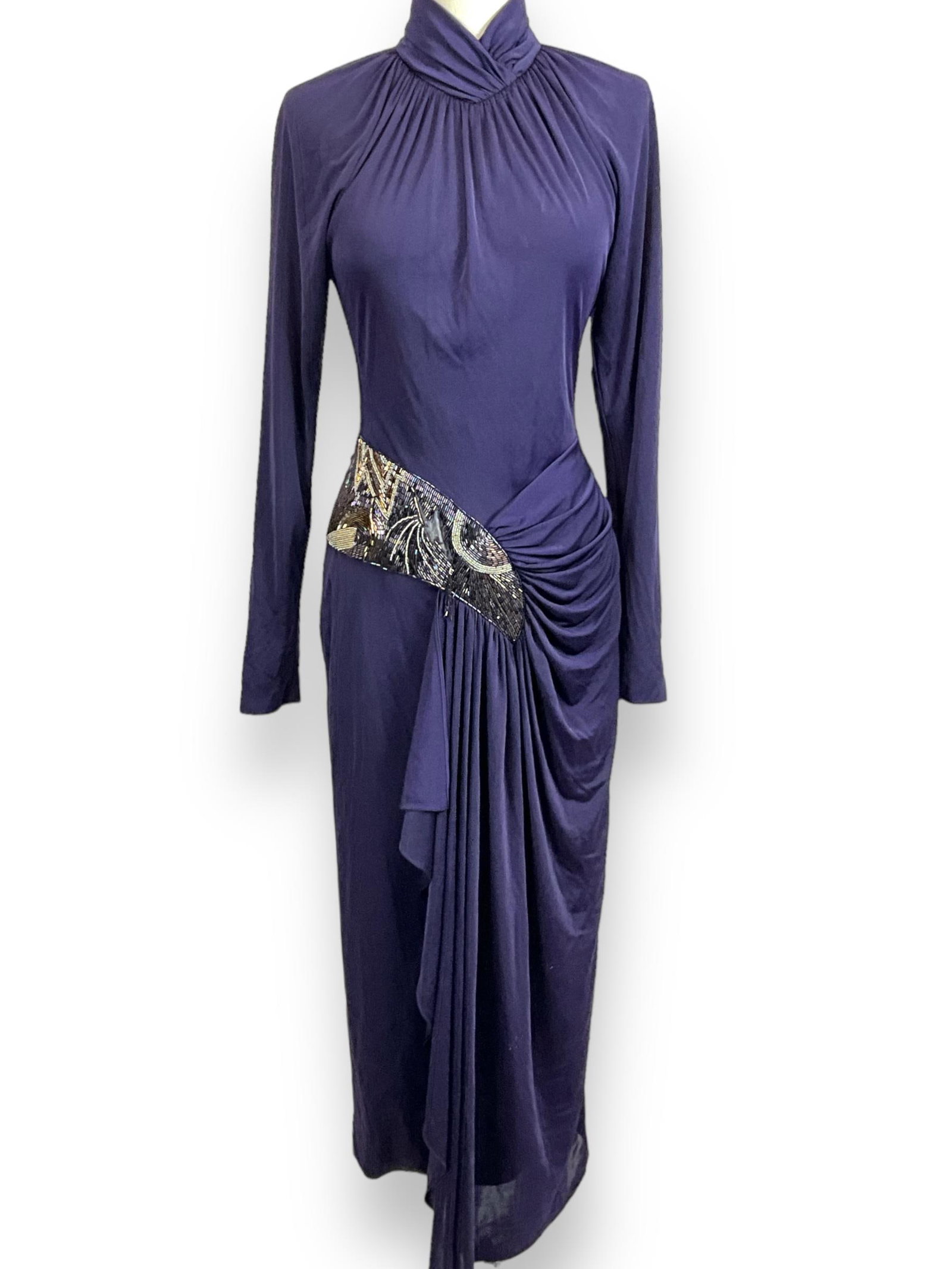 1980ís Evening Dress: 1980ís Evening Dress Purple dress, high neck with long sleeves and open back, accented with rhinestones and beads - several in need of repair, size (4) from casaedi.