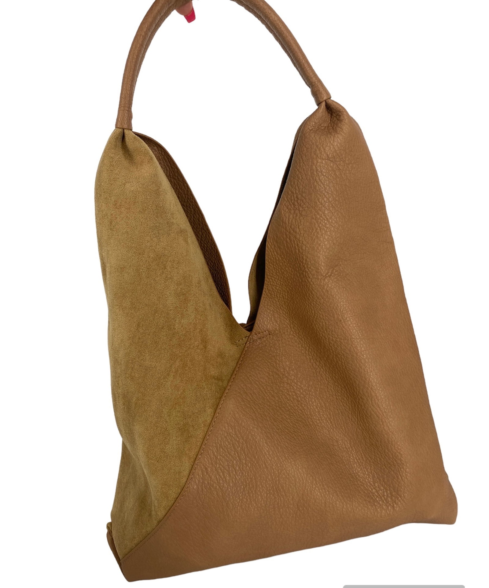 Shiraleah Tan / Camel Adrian Tote: Shiraleah Tan / Camel Adrian Tote Measuring approx. (16î x 3î x 21î) dual tone bag with polished and suede leather like material single handle with a drop of (12î) like new conditi