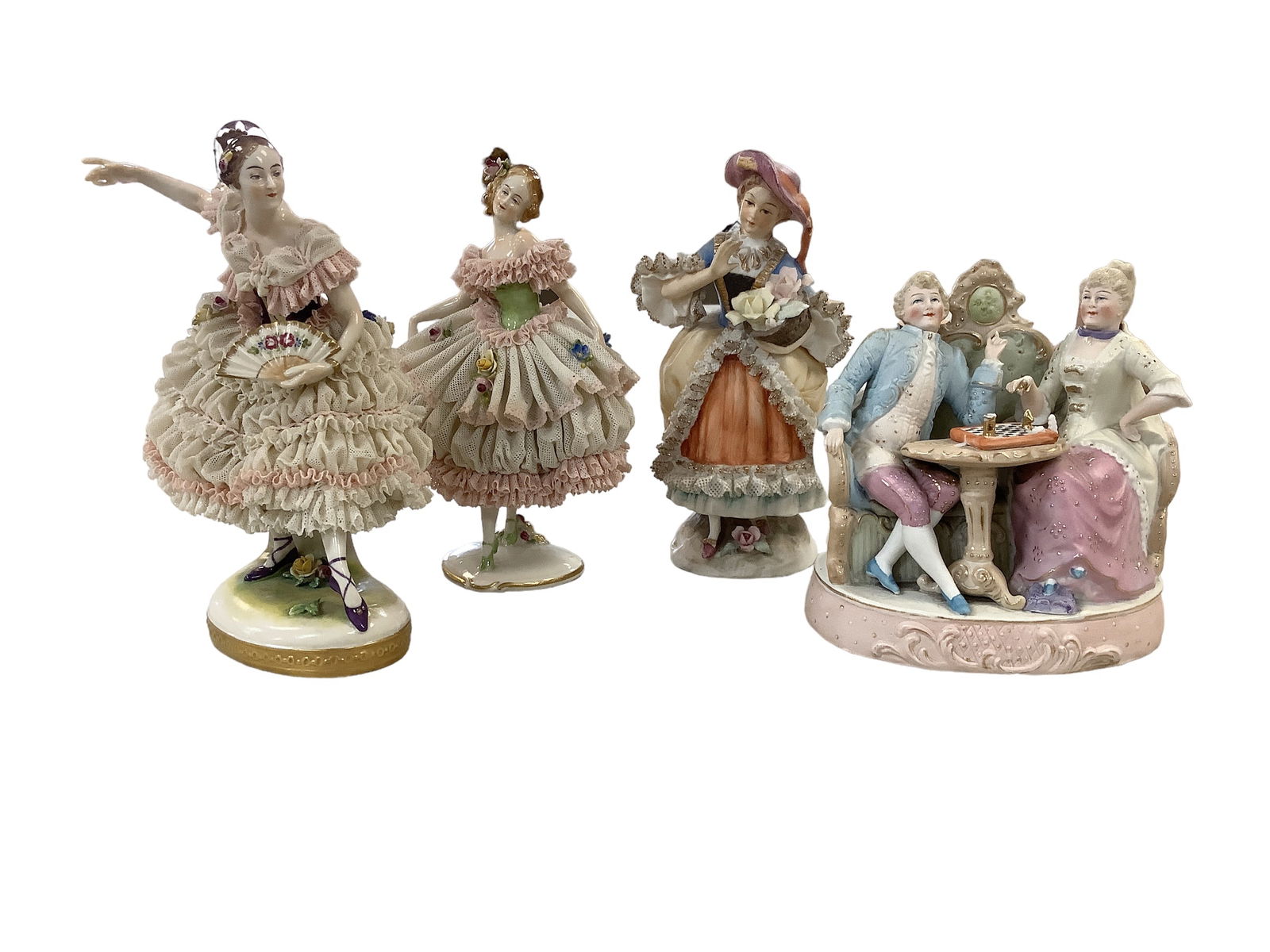 German Marked Lace Figurines And Porcelain Bisque Double Nodder Victorian Playing Chess. (1 of 6)