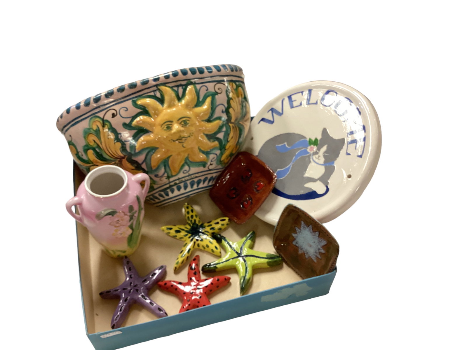 One Clay sunshine pot, 4 painted ceramic stars, one ceramic cat welcome sign, two small ceramic (1 of 7)