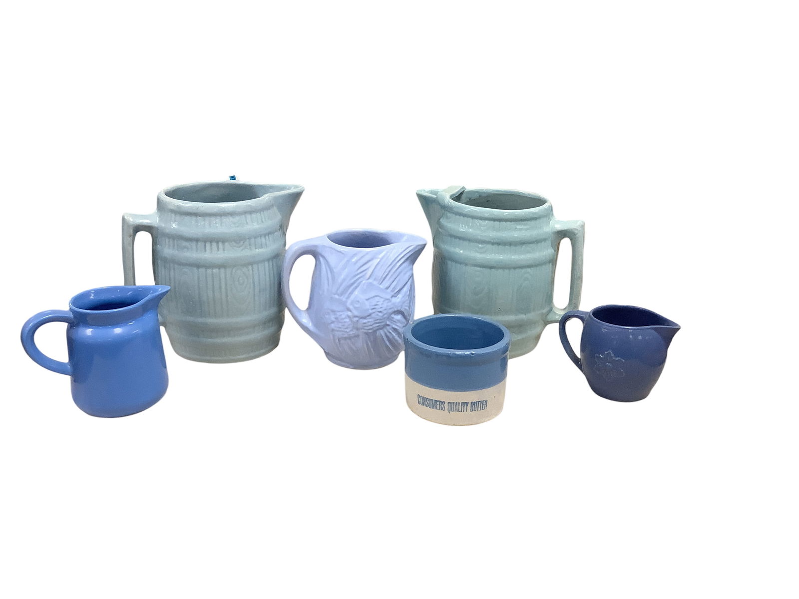 (5) Blue Pottery Pitchers & (1) Small Butter Crock (1 of 1)