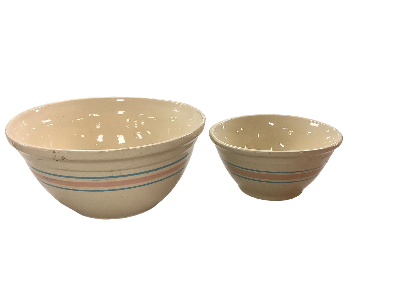 (2) Nesting McCoy Pottery Bowls Pink & Blue Stripe (1 of 3)