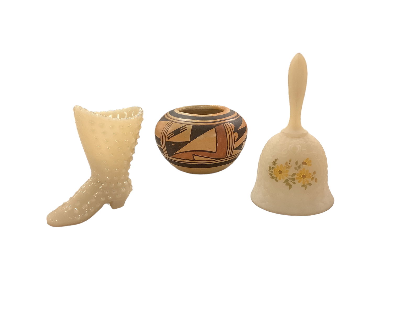 Figurine of Boot, Glass Bell, & Native American Pot (1 of 3)