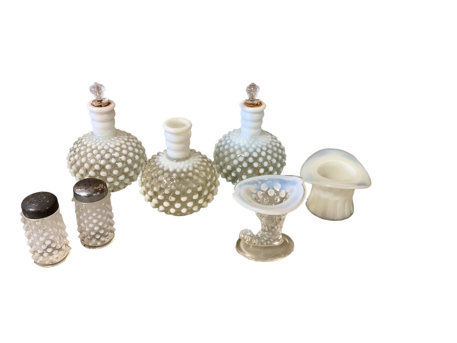 (7) White Opalescent Moonstone Glass Pieces Including (3) Hobnail Perfume Bottles, Salt & Pepper Set (1 of 1)