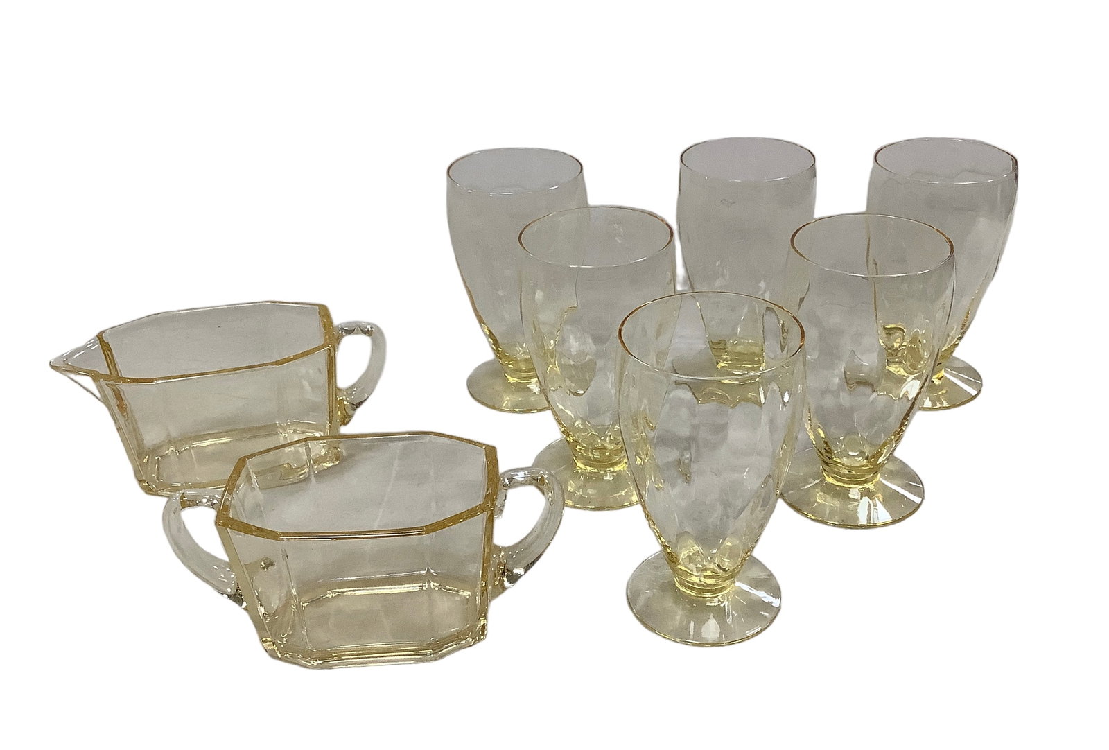 Heisey Lot of Eight Sahara Items: Heisey Lot of Eight Sahara Items Pair of #500 Octagon cream and sugar H Six #3380 Old Dominion 8oz sodas Sahara Diamond Optic No chips or cracks at time of listing