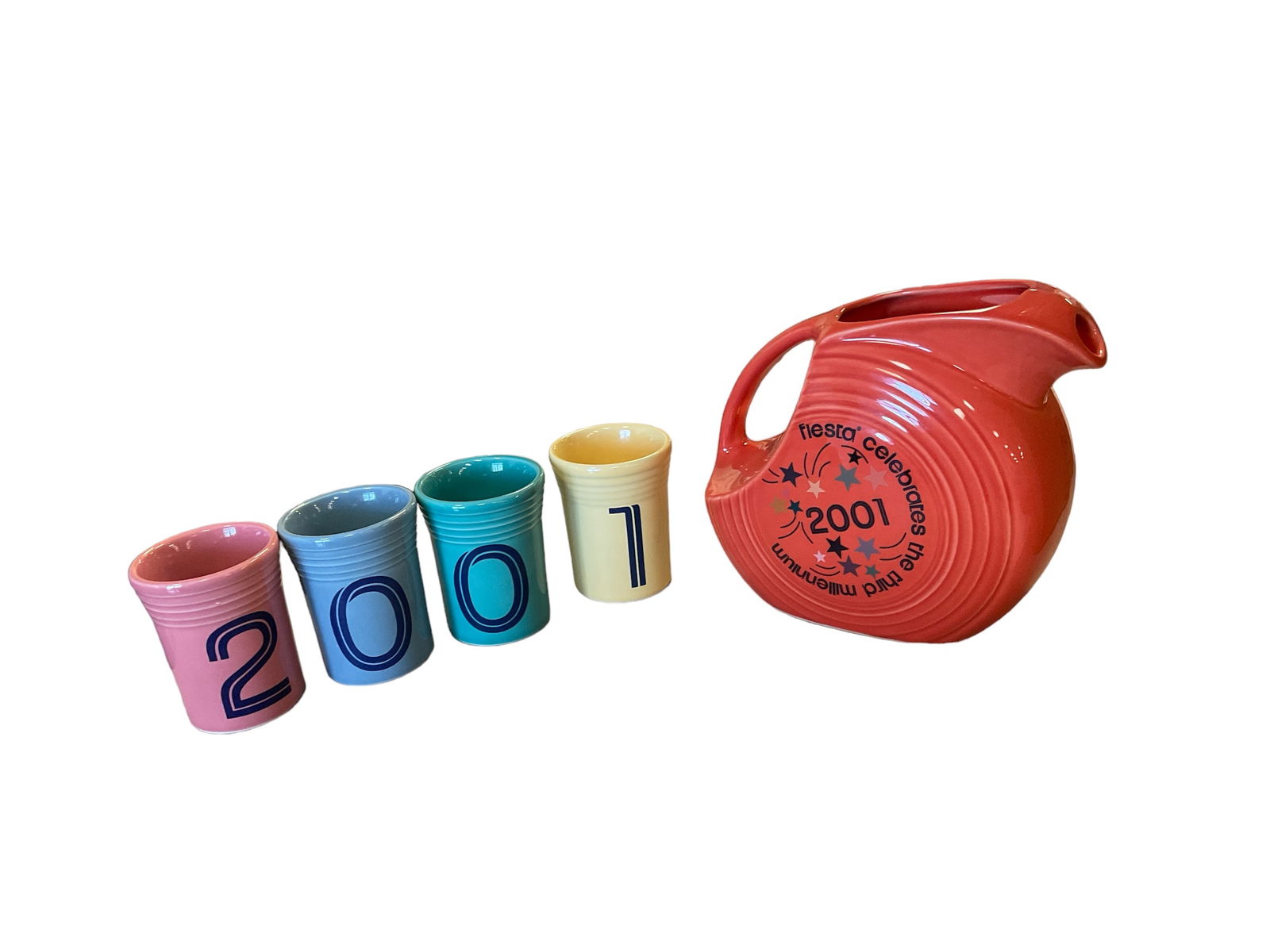 Fiesta 2001 Celebrates the Third Millennium Disc Pitcher & (4) Tumblers (1 of 1)
