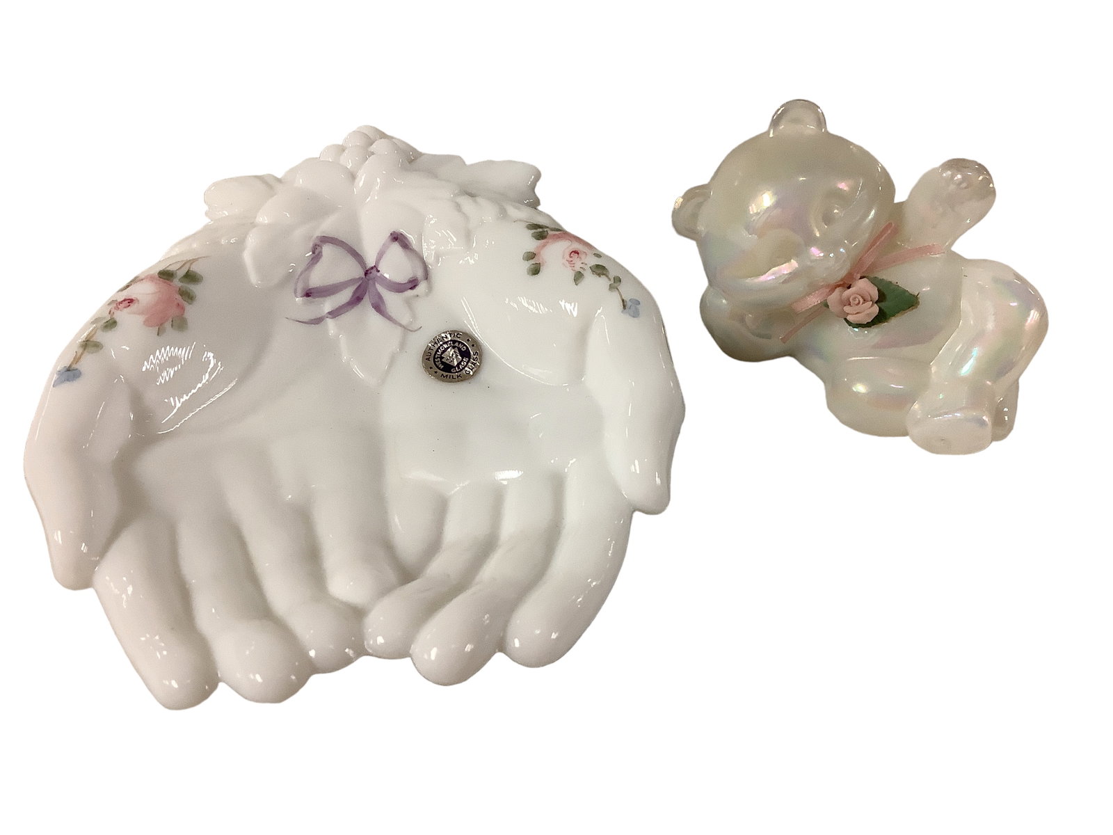 Fenton and Westmoreland Glass.: Fenton and Westmoreland Glass. Fenton Pearly Sentiments opaline carnival glass bear 4îLx2îH. Westmoreland Glass milk glass Hands dish with hand painted roses and bow 7.5îLx5.75îW.