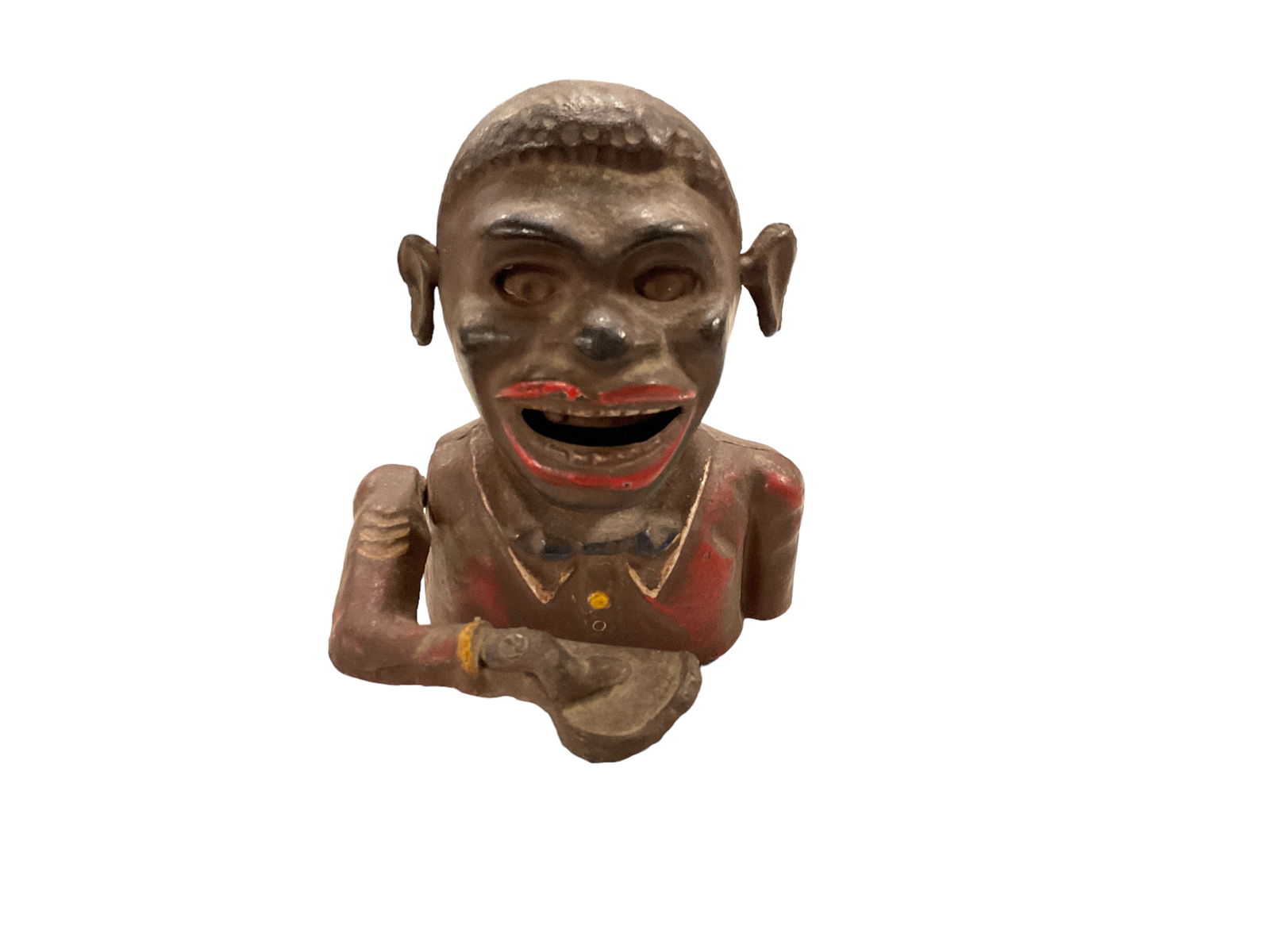 Vintage Worn Jolly Black Man Red Suit Cast Iron Mechanical Bank (1 of 4)