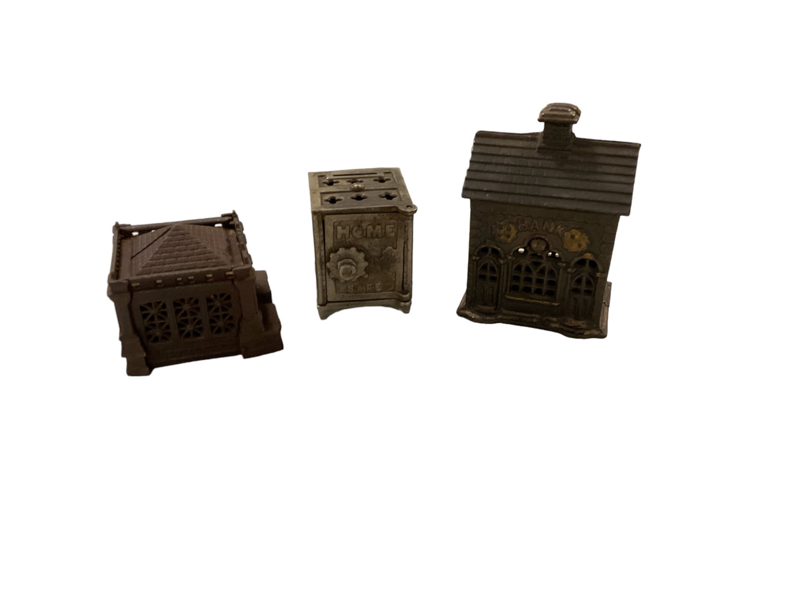 (3) Cast Iron Banks: Fort 2.5”, Safe .3 1/4”, House 6” H.