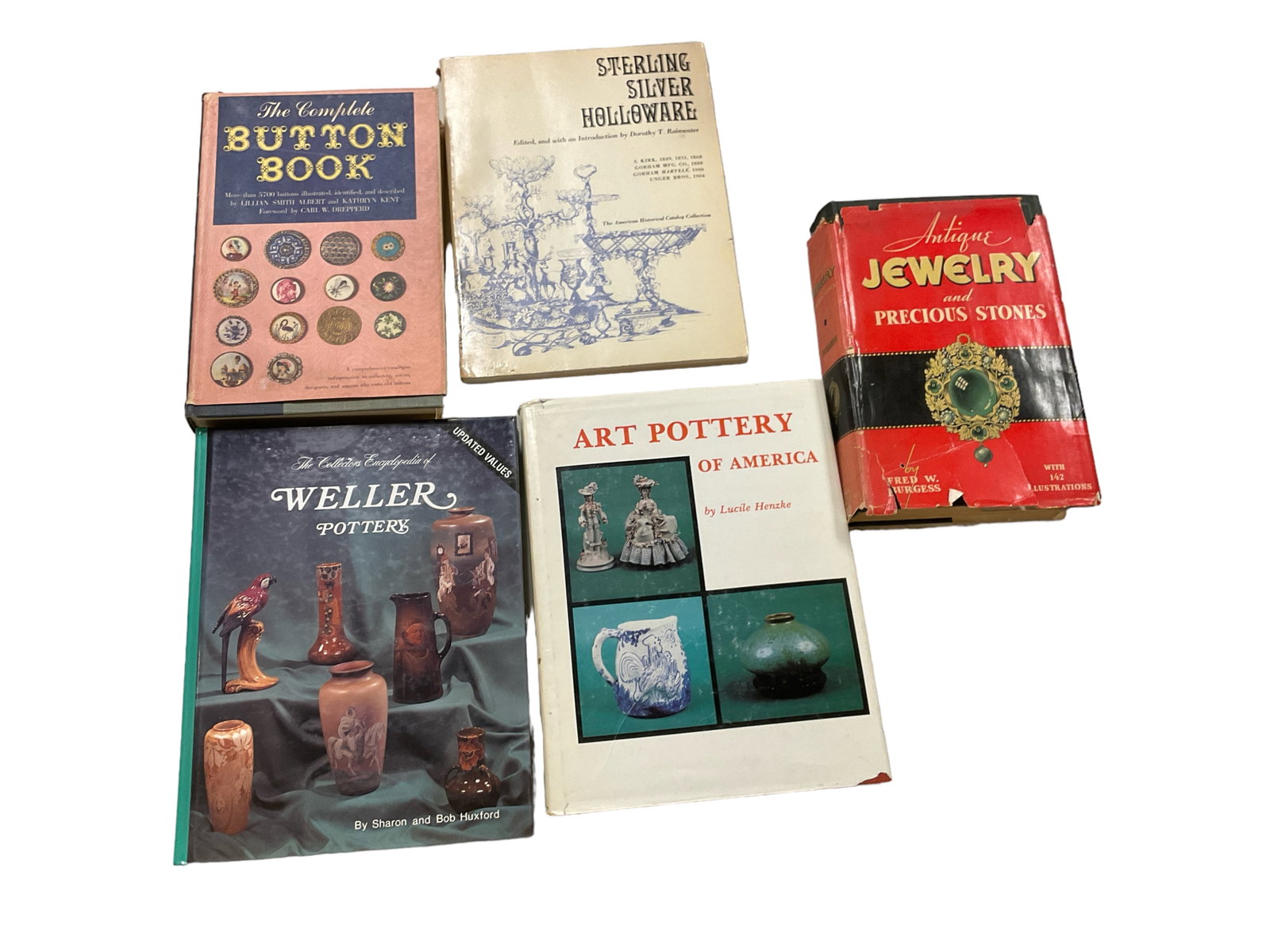(5) Books: Weller, art pottery, jewelry, sterling, silver, and buttons