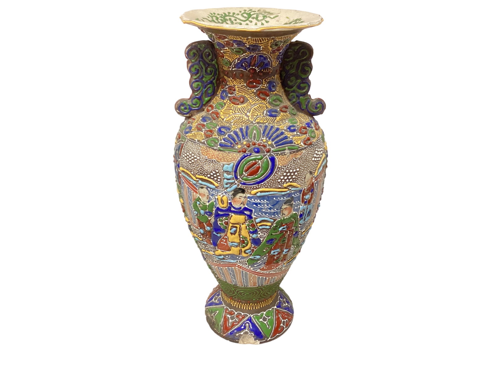 Vintage Moriage Vase: Vibrant enamel painted scene of samurai on 15” vase. Several chips on the bottom of the vase and some flaking paint.