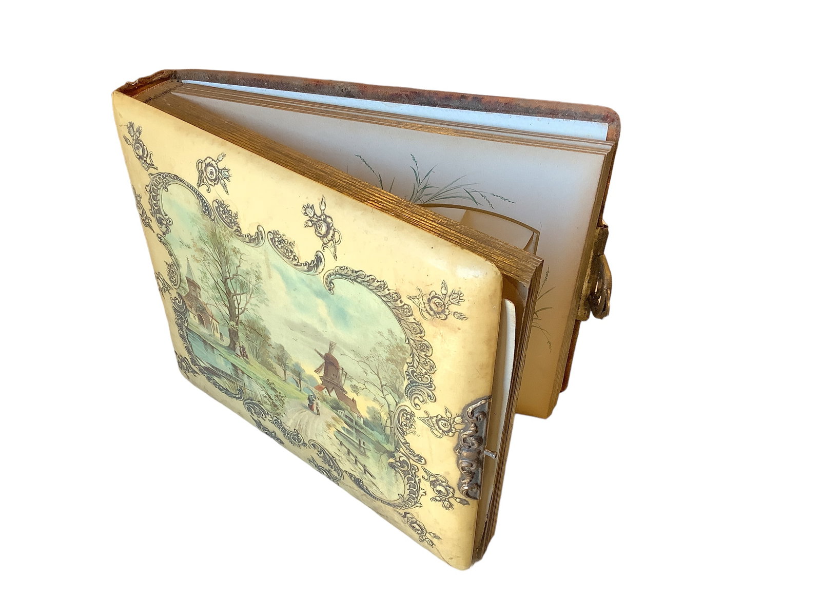 Vintage Celluloid Photo Album: Album is 10”x12” and has 15 pages. Brass like clasp works but cover is a little worn.