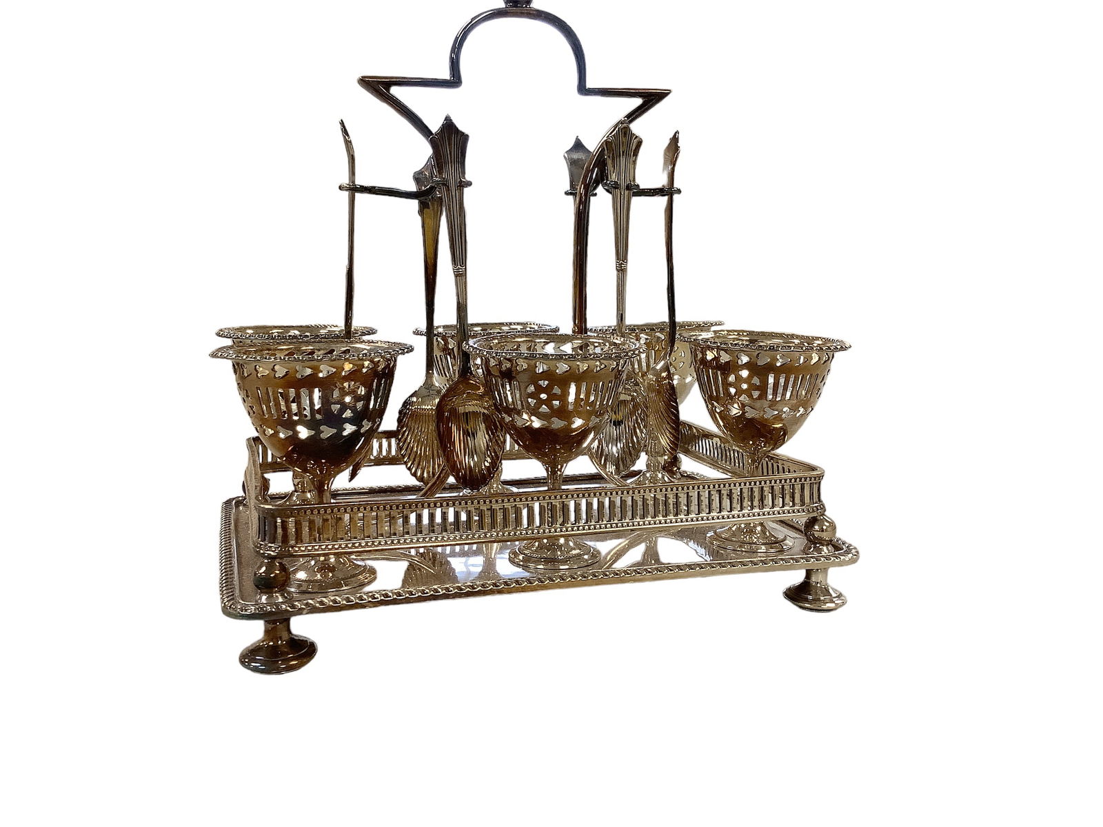 Vintage Silver-Plated Egg Caddy Cruet: Vintage Silver-Plated Egg Caddy Cruet Caddy includes (6) spoons and (6) egg cups. Bottom has original markings.