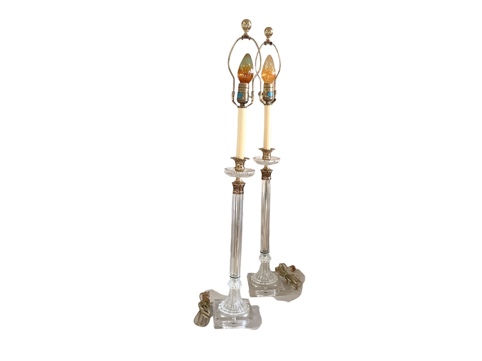 Vintage Glass Boudoir Lamps: Vintage Glass Boudoir Lamps Lamps are 36î H with thin tubular stem and ruffled edges set on an 5îx5î square base. One lamp has cracks in the stem ( see photos ). Shades not included and