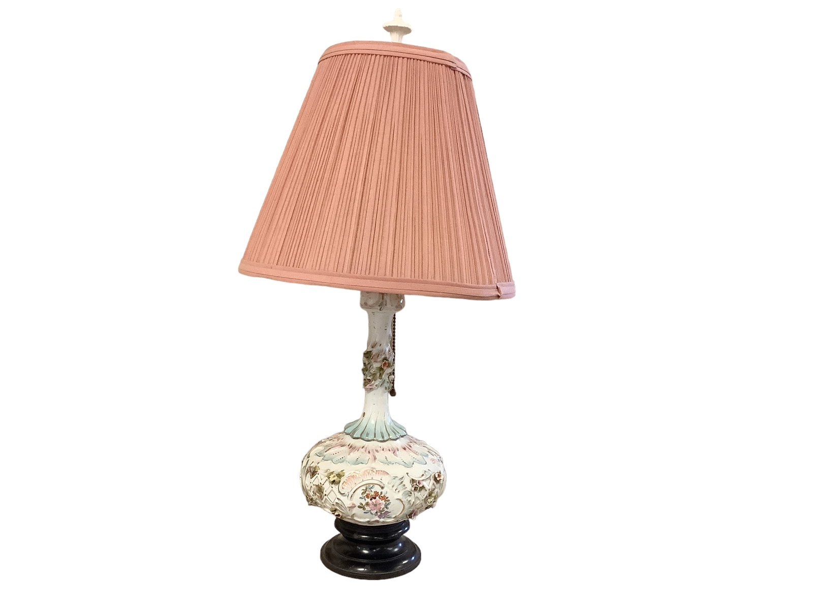Meissen Style Porcelain Lamp: Meissen Style Porcelain Lamp Nice pastel shades of blue and pink hand-painted raised flowers some chipped. Lamp measures 24.5îH.