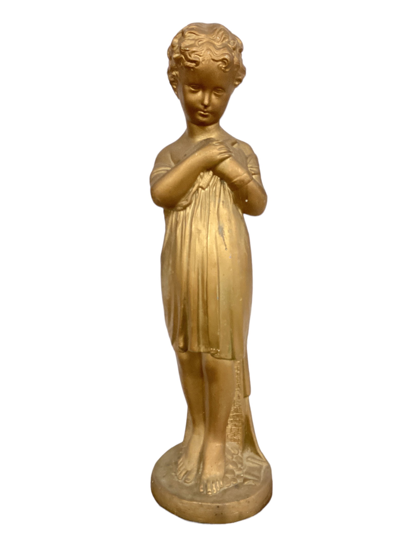 Gold Plaster Figure of a Girl Holding a Bird: Gold Plaster Figure of a Girl Holding a Bird It measures 30î H. There is a chip on one side, see photo.