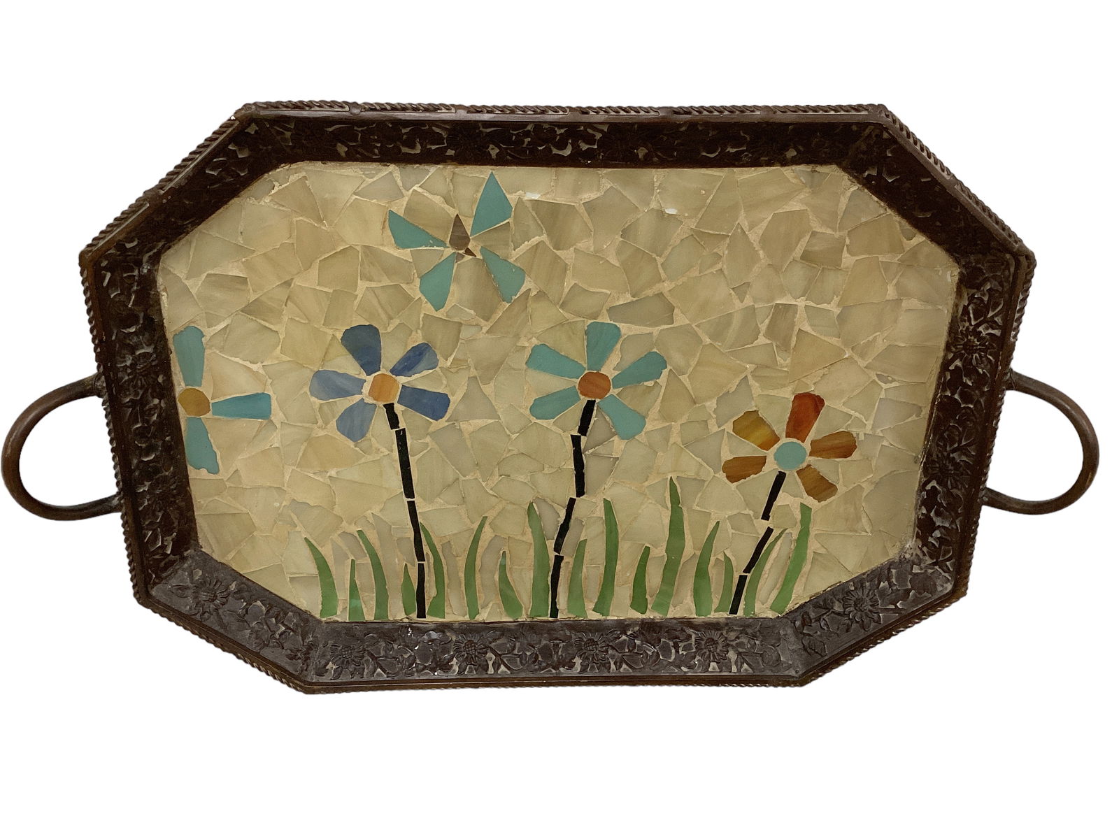 Metal Tray with Mosaic Flowers: Metal Tray with Mosaic Flowers It measures 20î L not including handles x 15î .