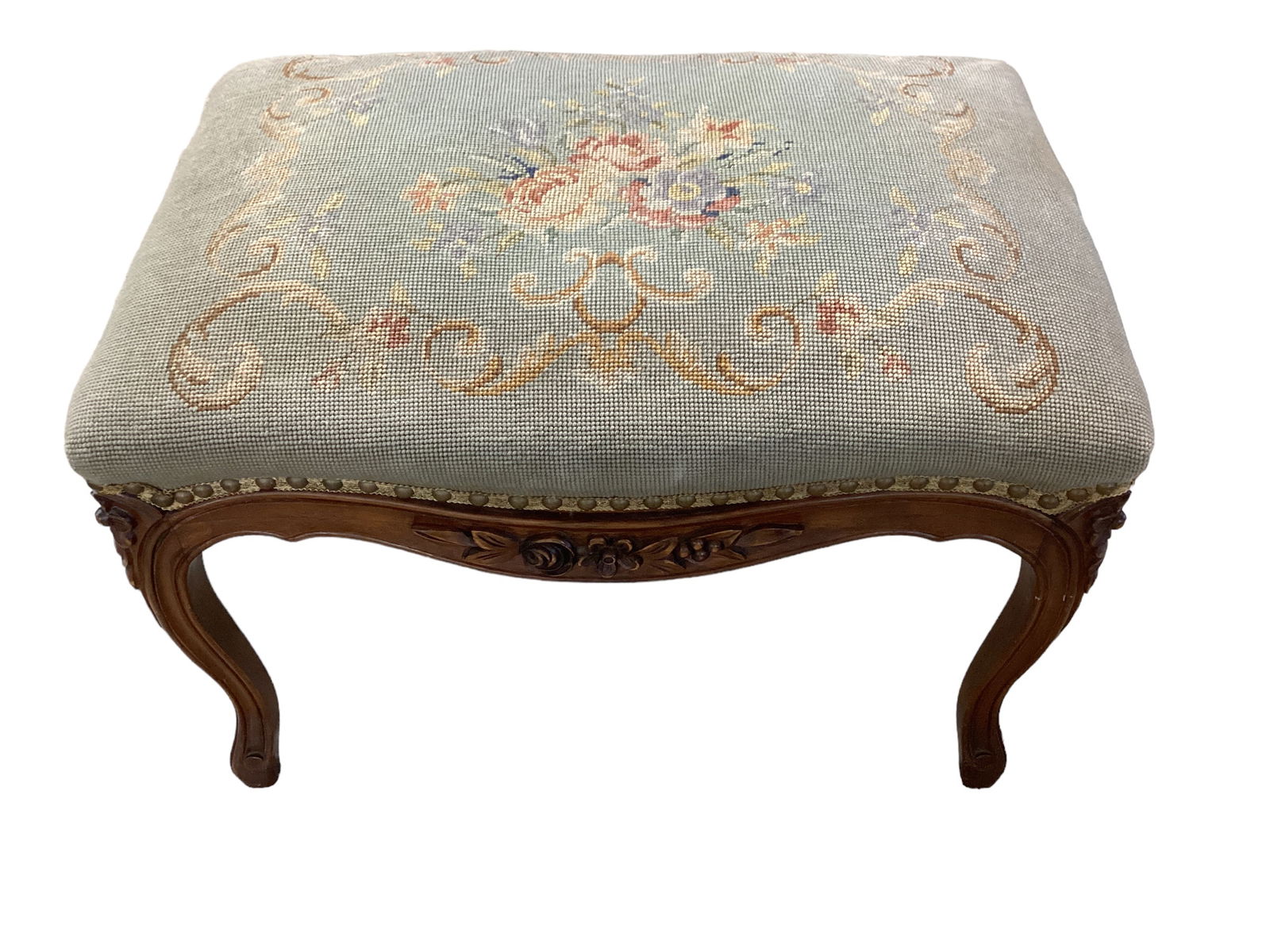 Tall Stool with Carved Flowers & Needlepoint Cushion (1 of 3)