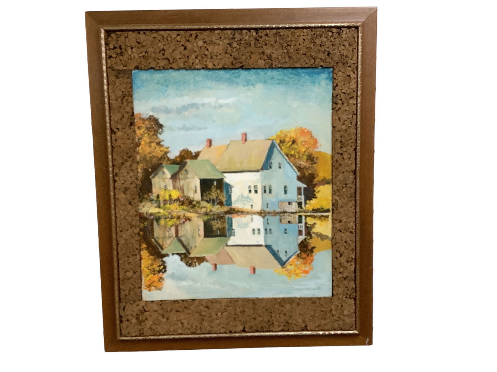 Framed Oil on Board, House Reflecting on the Lake: Framed Oil on Board, House Reflecting on the Lake Matted with cork, 27î x 33î.