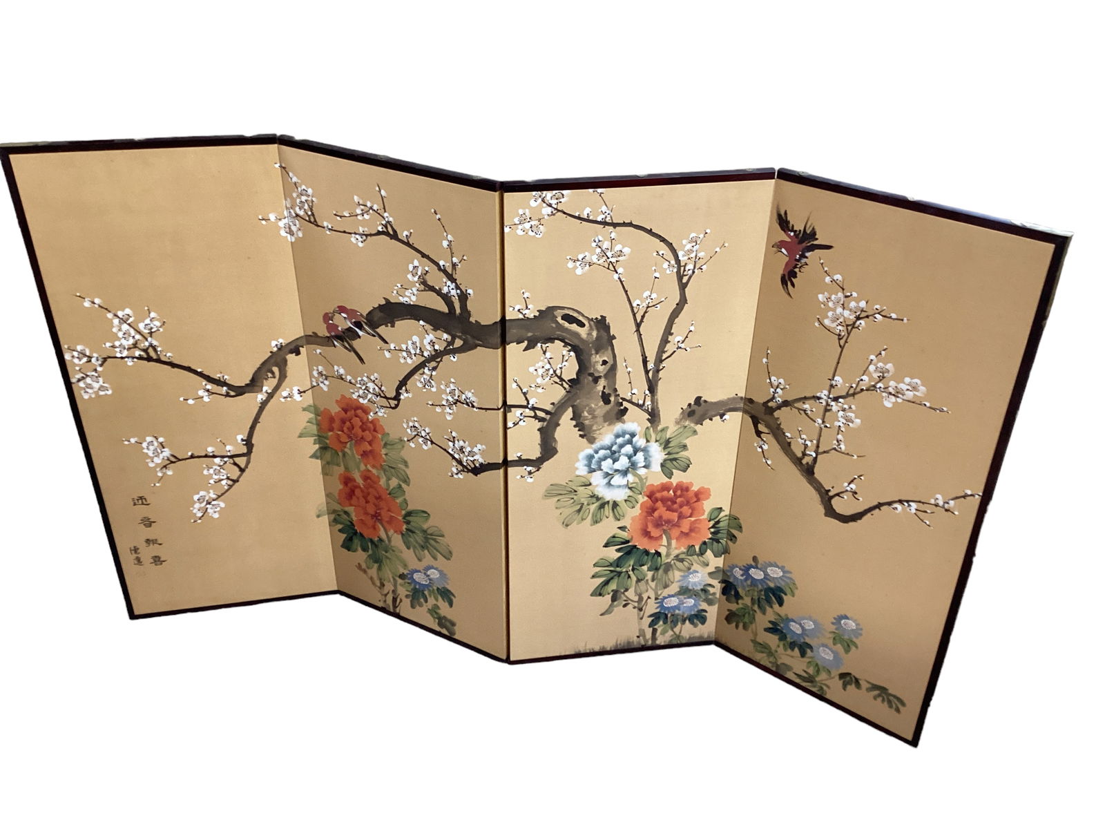 Asian Motif Folding Decorative Silk Screen (1 of 4)