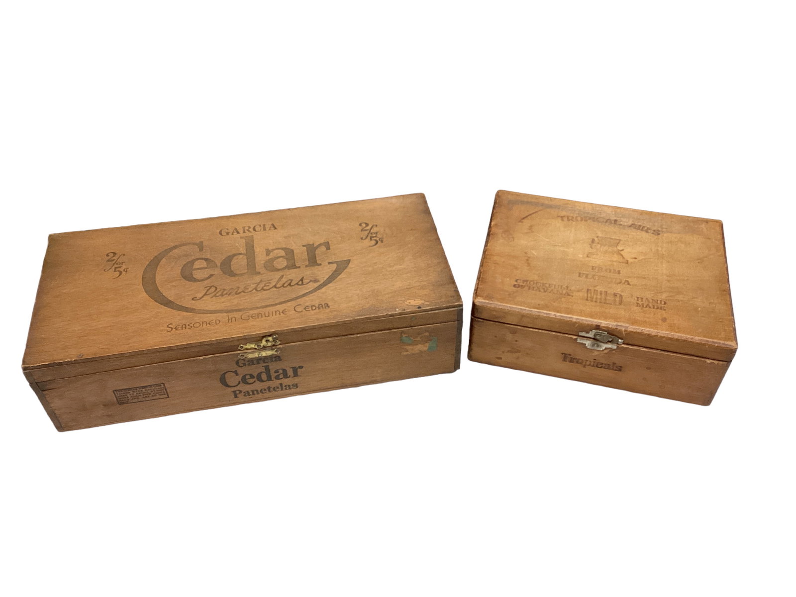 2 Wood Cigar Boxes Garcia Panetelas & Tropical Airs: 2 Wood Cigar Boxes Garcia Panetelas & Tropical Airs The Garcia box measures 13î L and the Tropical Airs measures 8î L.