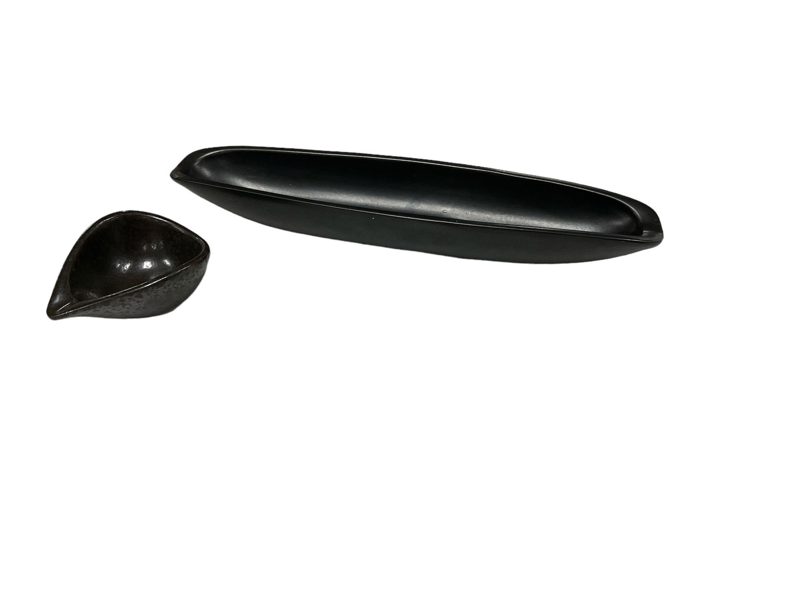 Raymor Modern Artware by Roseville Pottery: Mid Century. 2.5” H x 6” W Bowl 98-62.3/4” H x 21” L vase 27-21