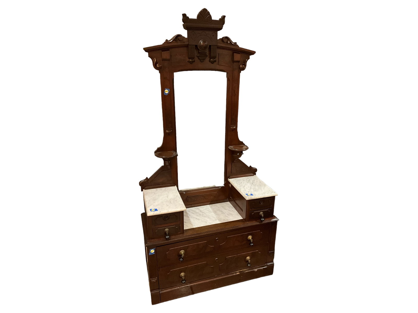 Walnut Victorian Drop Center Dresser 84 x 43 x 18 in. (213.4 x 109.2 x 45.7 cm.): Walnut Victorian Drop Center Dresser With tear drop pulls, and six drawers. Some wear to finish as pictured. 84 x 43 x 18 in. (213.4 x 109.2 x 45.7 cm.)