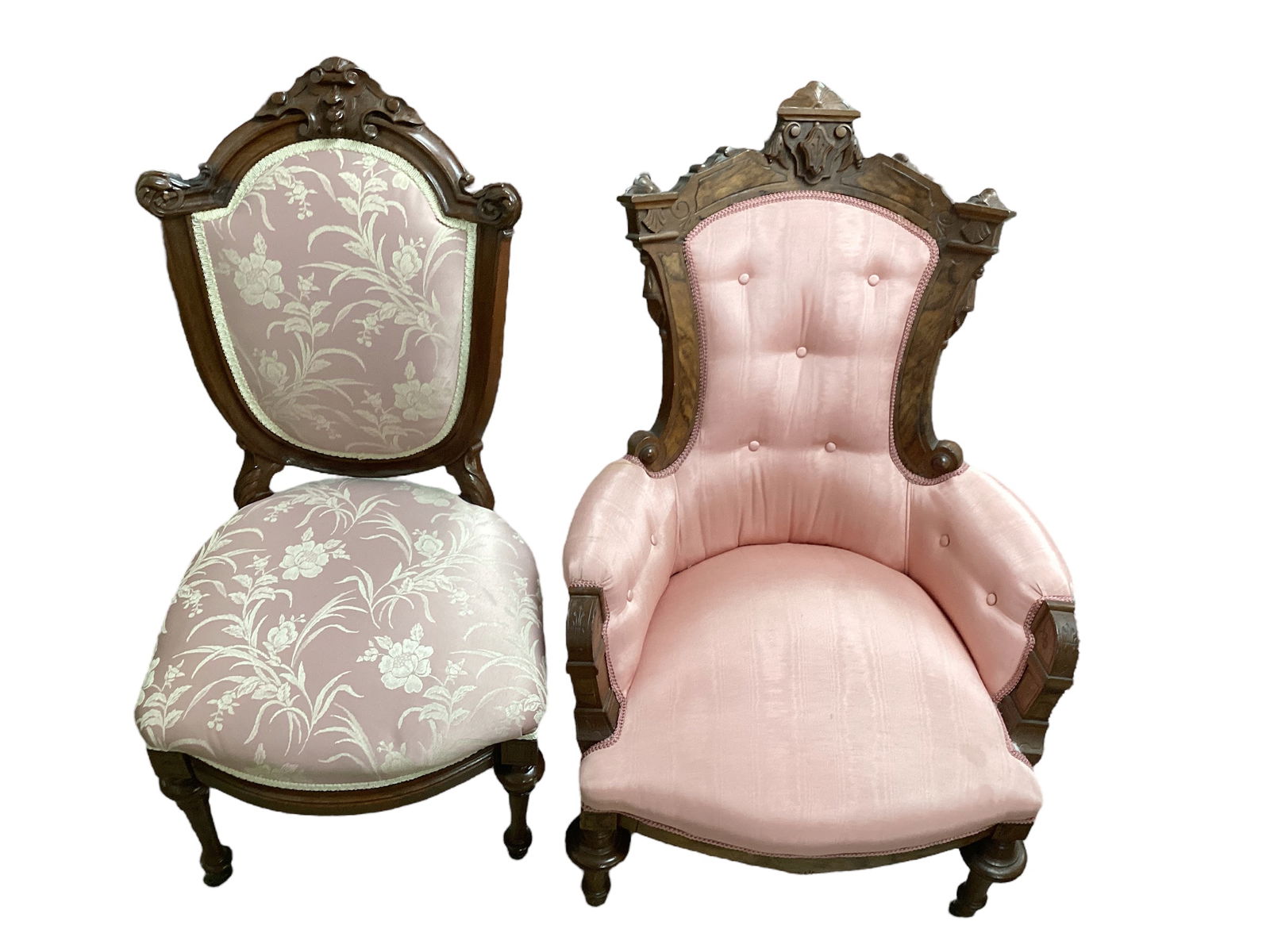 (2) Pink Upholstered Victorian Chairs with Carved Crests (1 of 3)